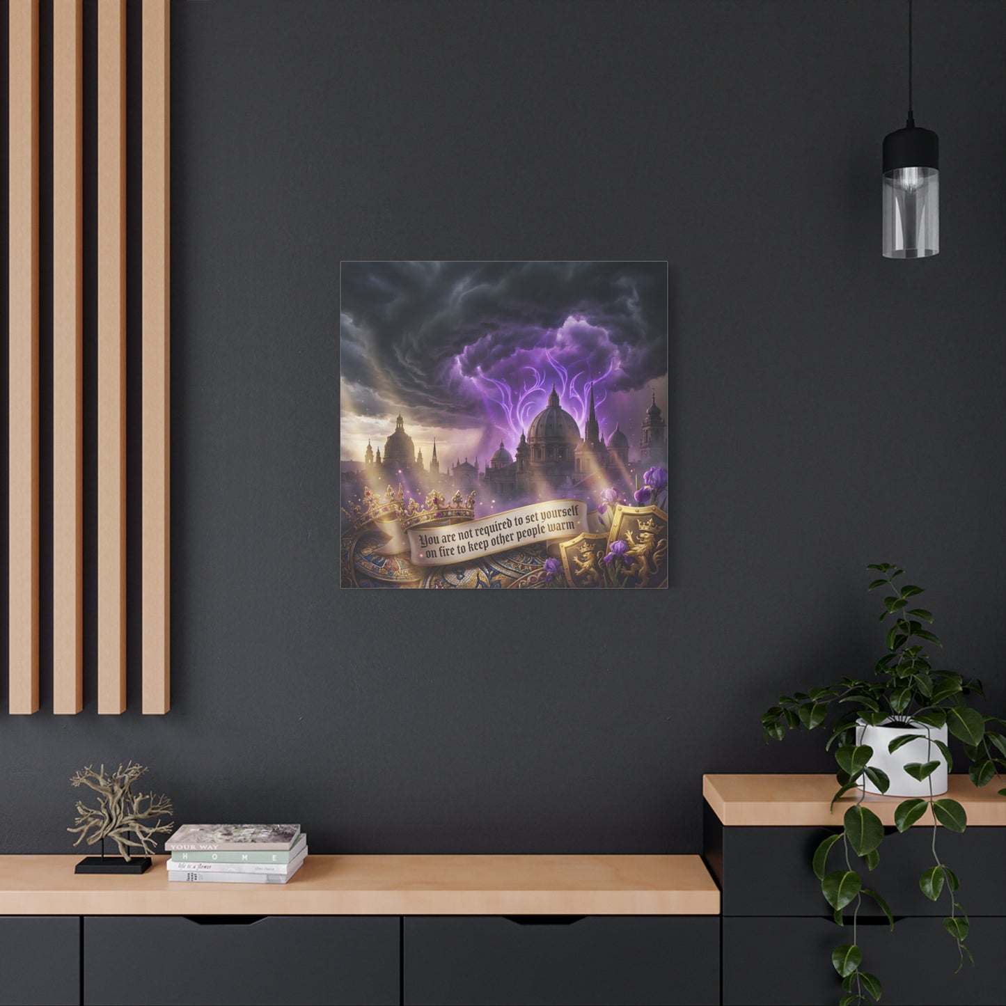 "You Are Not Required To Set Yourself On Fire" Canvas Wall Art - Gothic Castle Quote Decor, Purple Storm Sky, Crown And Iris Fantasy Print - Bedroom Home Decoration, Living Room Accent - Ready to Hang