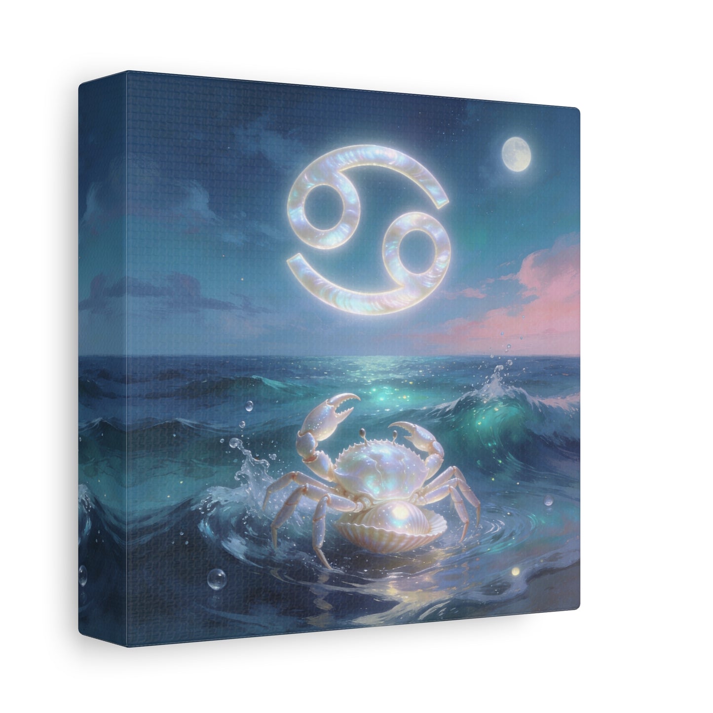 Cancer Zodiac Canvas Wall Art - Moonlit Ocean Crab, Iridescent Shell Symbol - Coastal Celestial Print, Dreamy Blue Seascape - Bedroom Home Decoration, Living Room Wall Decor - Bedroom Home Decoration