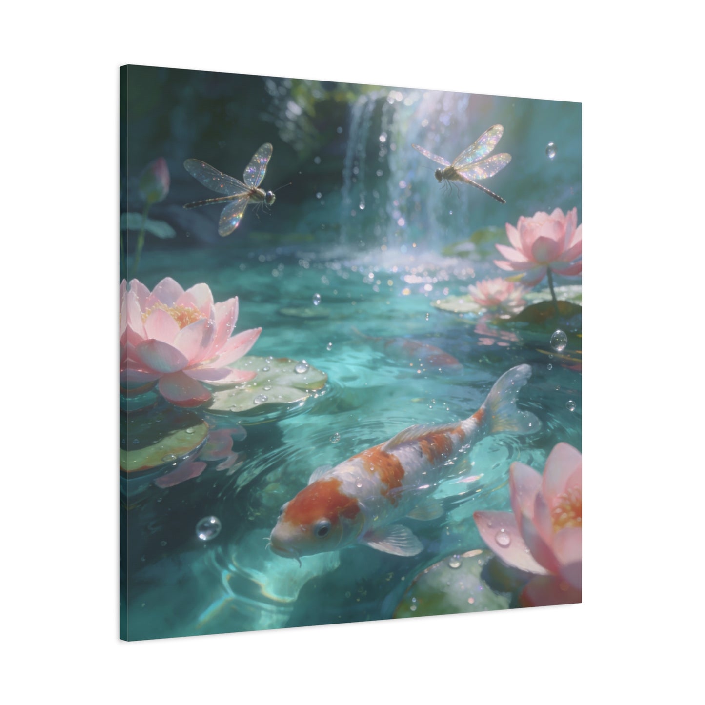 Koi Fish Lotus Canvas Wall Art - Dragonflies Over Teal Pond Water, Pink Water Lily Floral Scene - Dreamy Matte Canvas Print - Bedroom Wall Decor, Living Room Home Accent - Bedroom Home Decoration