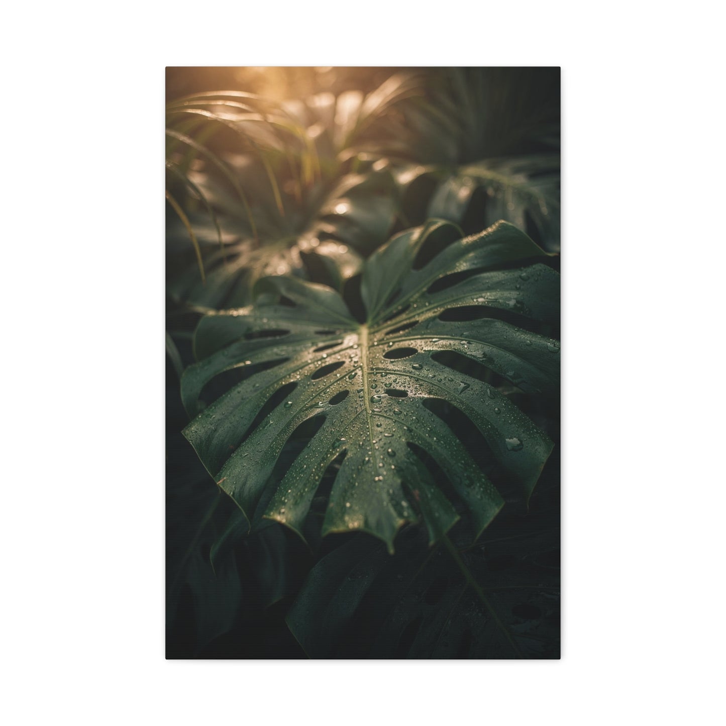Monstera Leaf Canvas Wall Art - Tropical Botanical Art Print, Moody Green Foliage - Matte Cotton Canvas Print - Bedroom Wall Decor, Bathroom Home Decoration, Spa Style Accent - Cozy Reading Nook Art