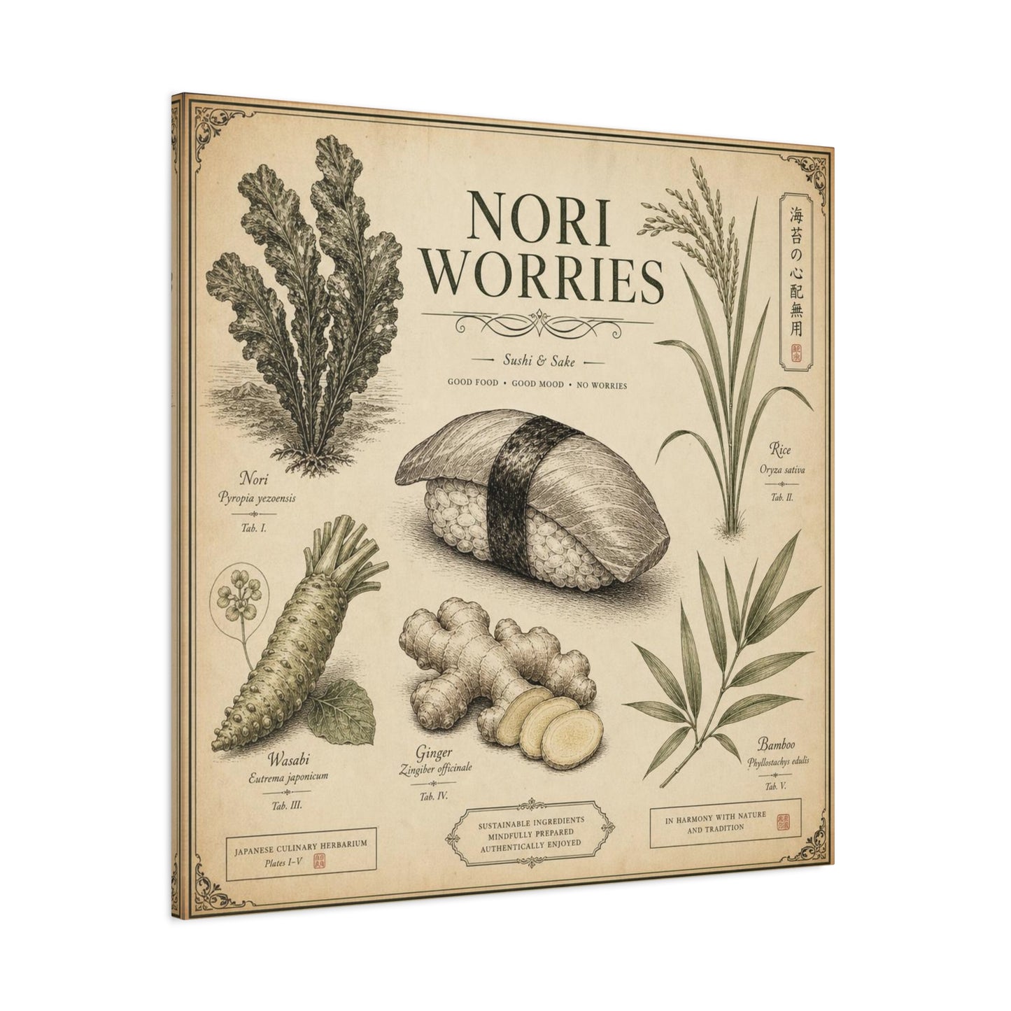 "Nori Worries" Sushi And Sake Canvas Wall Art - Vintage Japanese Culinary Herbarium Print, Rice Nori Wasabi Ginger Bamboo Illustration - Kitchen Wall Decor, Dining Room Accent - Modern Farmhouse Style