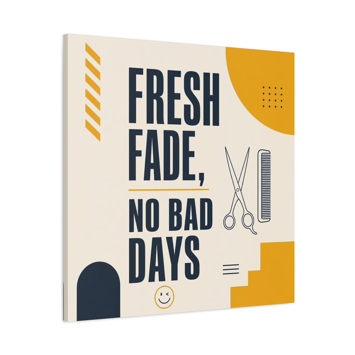 "Fresh Fade, No Bad Days" Barber Shop Canvas Wall Art - Scissors And Comb Typography Print - Modern Yellow Black Salon Decor - Workspace Wall Decor, Lobby Wall Art Accent - Gallery Wrapped Canvas