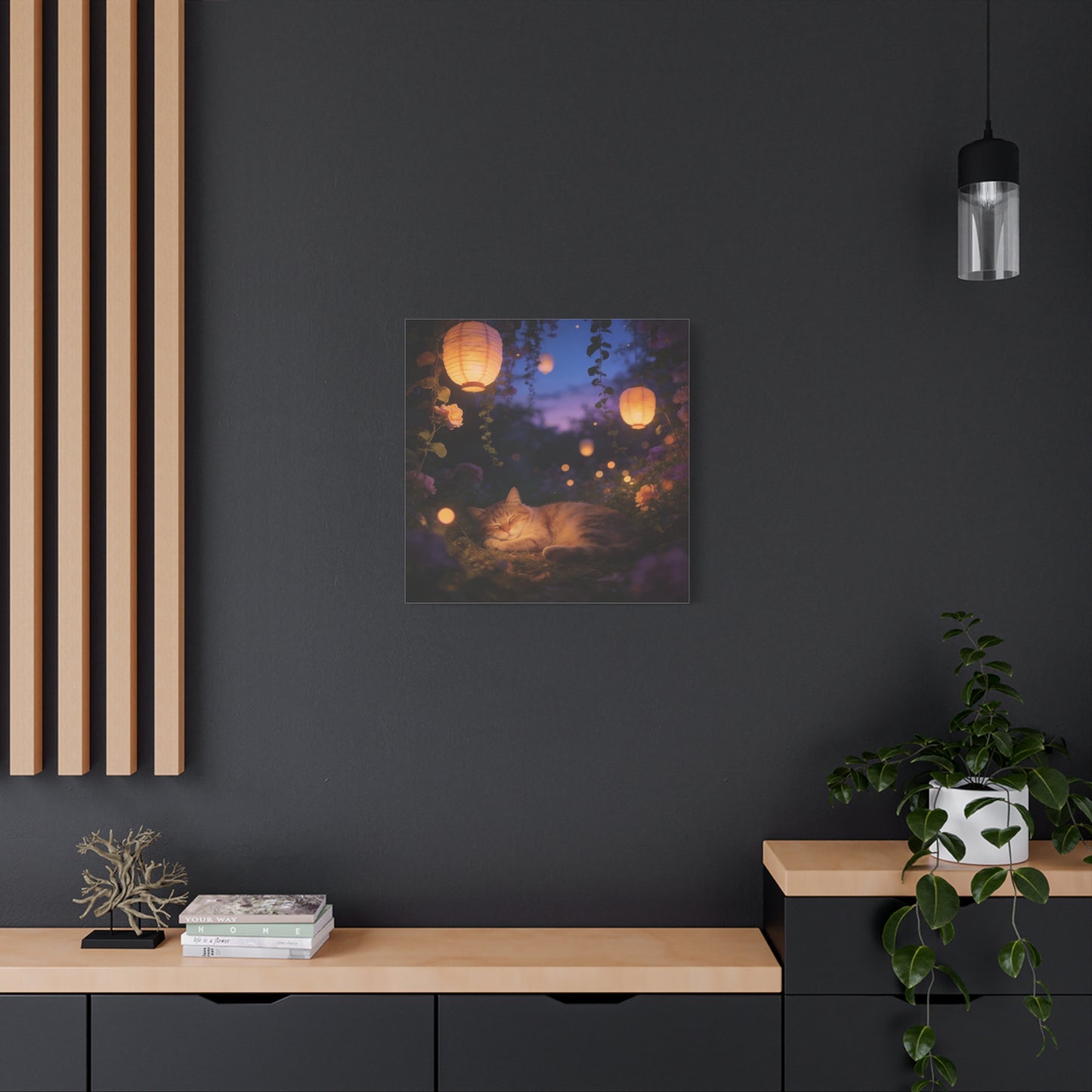 Sleeping Cat Canvas Wall Art - Lantern Lit Garden Night Scene, Dreamy Floral Canvas Print - Calming Cottagecore Style, Bedroom Wall Decor, Living Room Home Decoration - Bedroom Home Decoration