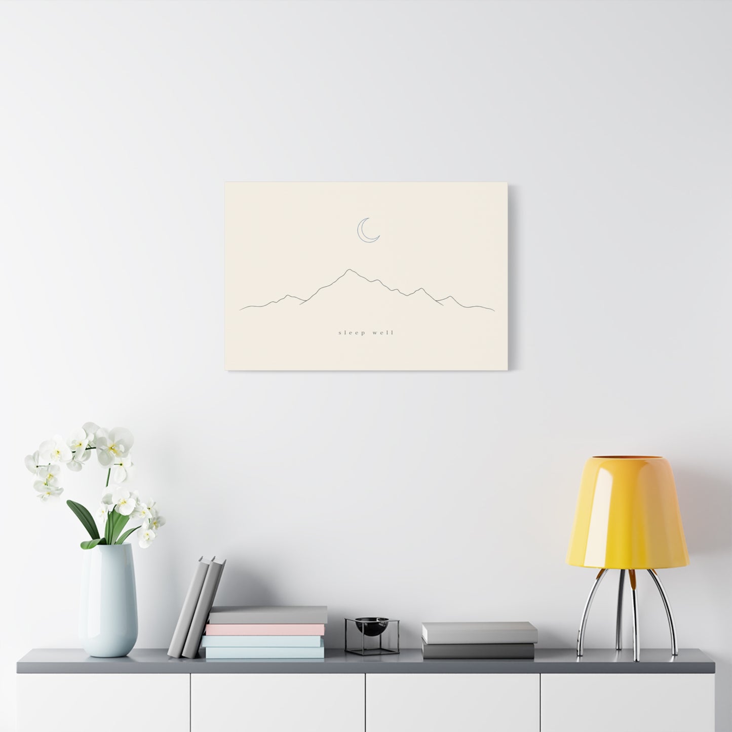 "Sleep Well" Minimalist Mountain Canvas Wall Art - Crescent Moon Line Drawing, Neutral Beige Canvas Print - Modern Bedroom Wall Decor, Nursery Home Decoration, Meditation Space - Ready to Hang
