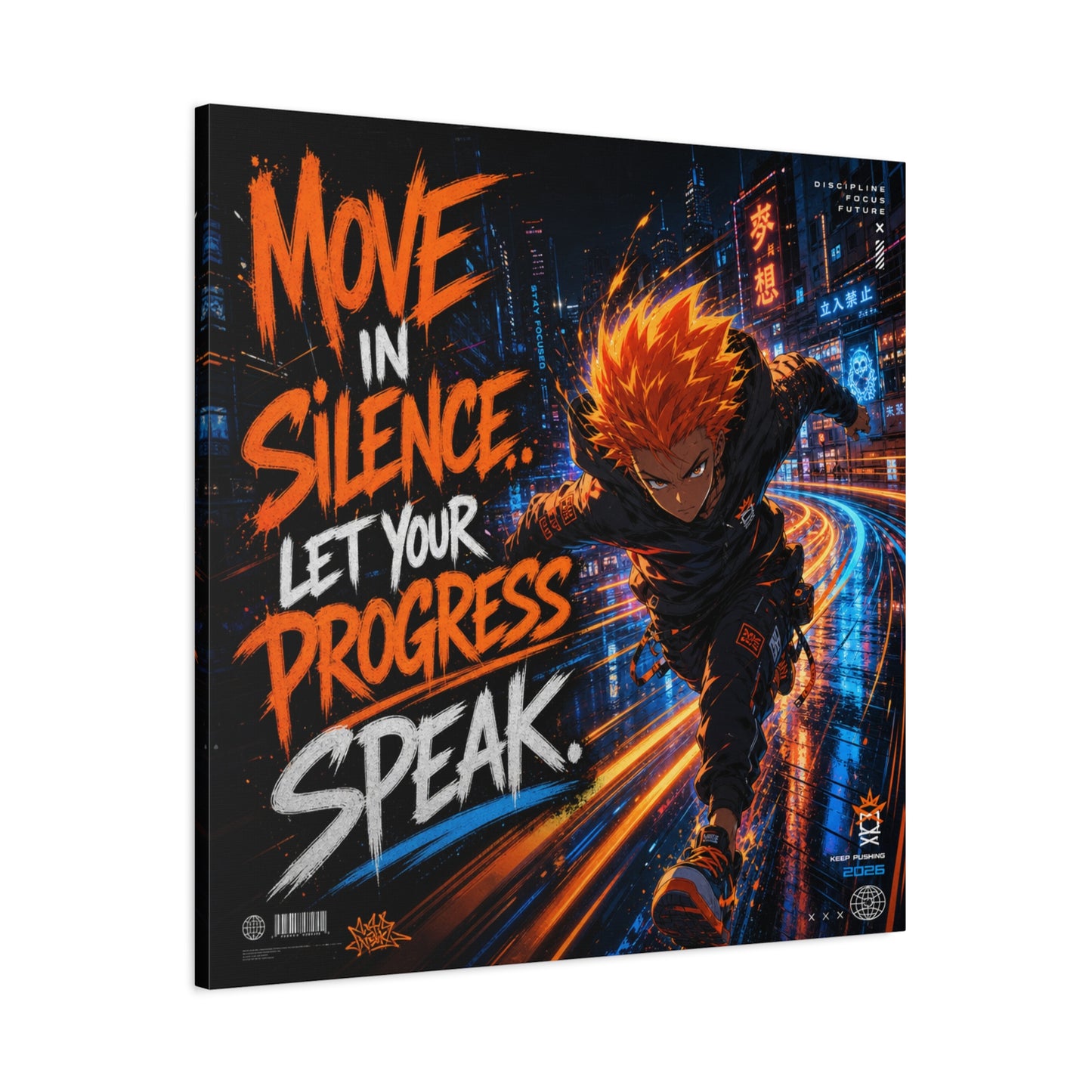 "Move In Silence Let Your Progress Speak" Anime Canvas Wall Art - Cyberpunk Runner Motivational Quote Print, Neon City Street Illustration - Teen Bedroom Decor, Home Office Accent - Office Wall Art