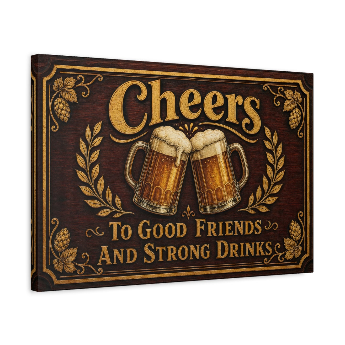 "Cheers To Good Friends And Strong Drinks" Canvas Wall Art - Vintage Beer Mug Pub Sign, Rustic Bar Decor, Brown Gold Typography Print, Man Cave Wall Hanging, Kitchen Dining Room Accent - Ready to Hang