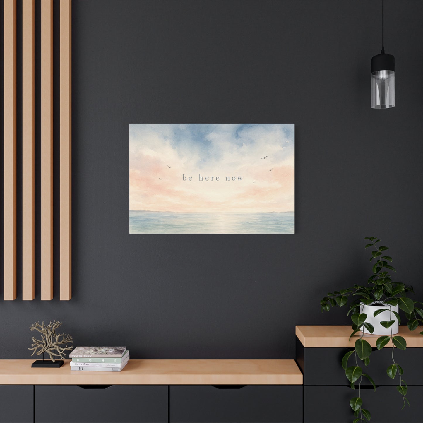 "Be Here Now" Coastal Canvas Wall Art - Pastel Ocean Seascape With Birds - Minimalist Inspirational Wall Decor - Serene Bedroom Home Decoration - Meditation Space Office Art - Bedroom Home Decoration
