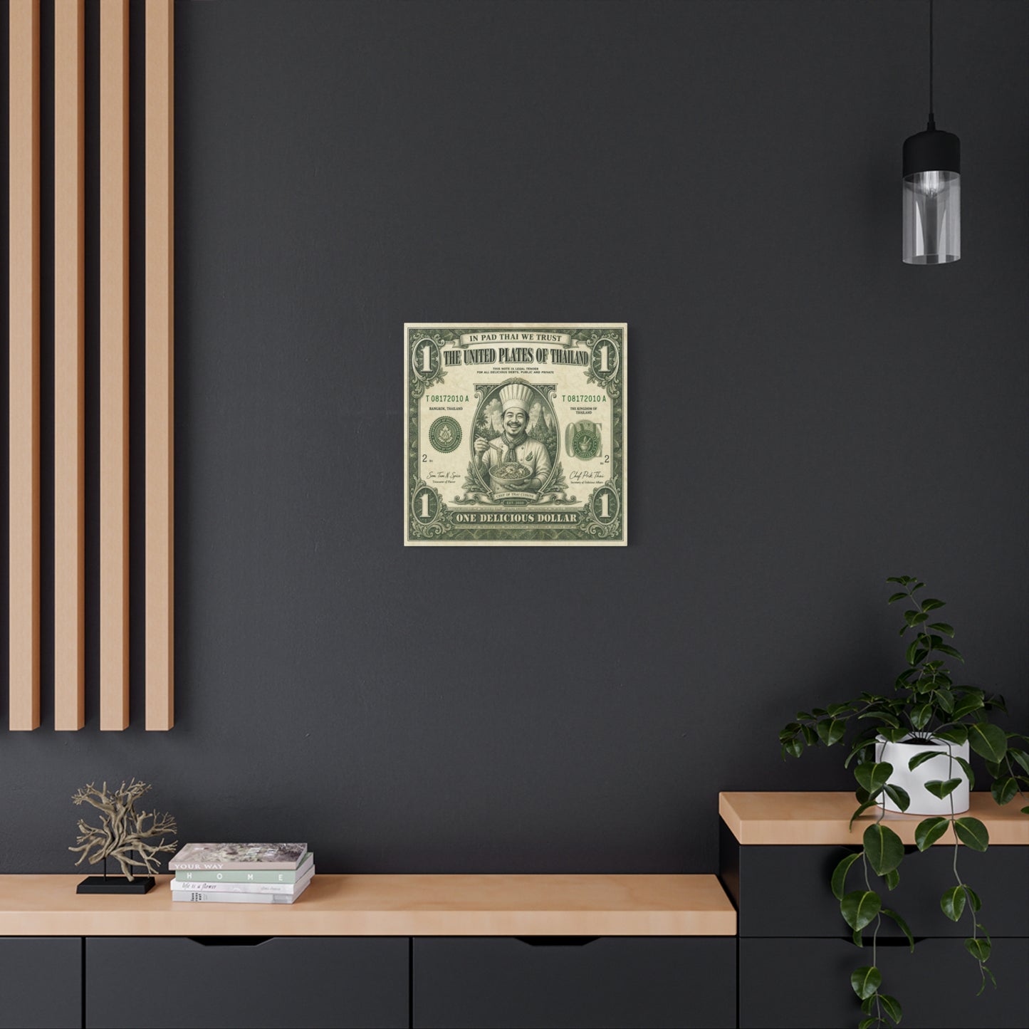 "In Pad Thai We Trust" Typography Canvas Wall Art - Vintage Thai Currency Illustration, Chef Portrait, Bangkok Thailand Food Poster Style - Kitchen Wall Decor, Dining Room Accent - Ready to Hang
