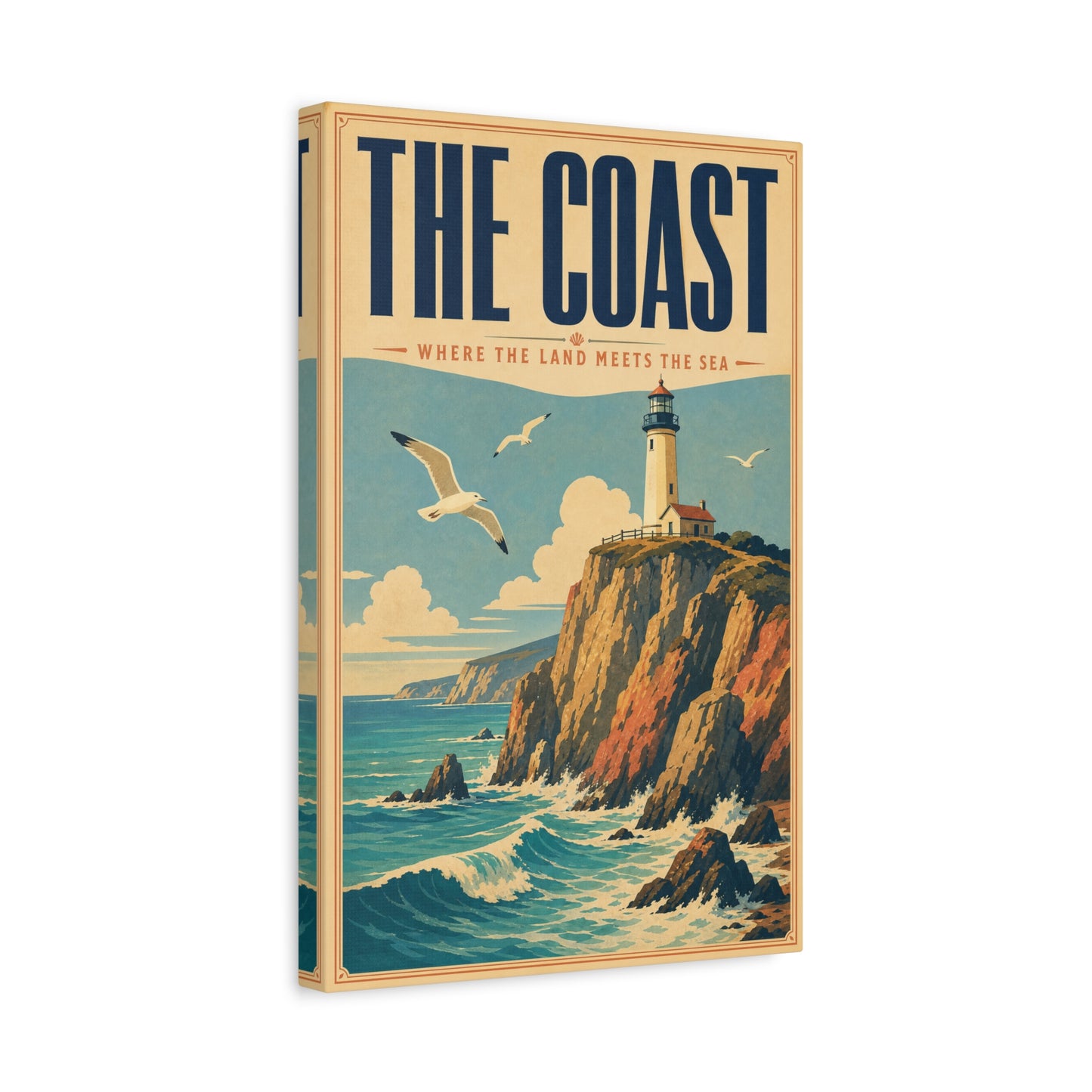 "The Coast Where The Land Meets The Sea" Canvas Wall Art - Vintage Lighthouse Seascape, Coastal Cliff Poster Style Print - Nautical Wall Decor, Beach House Living Room Decoration - Ready to Hang