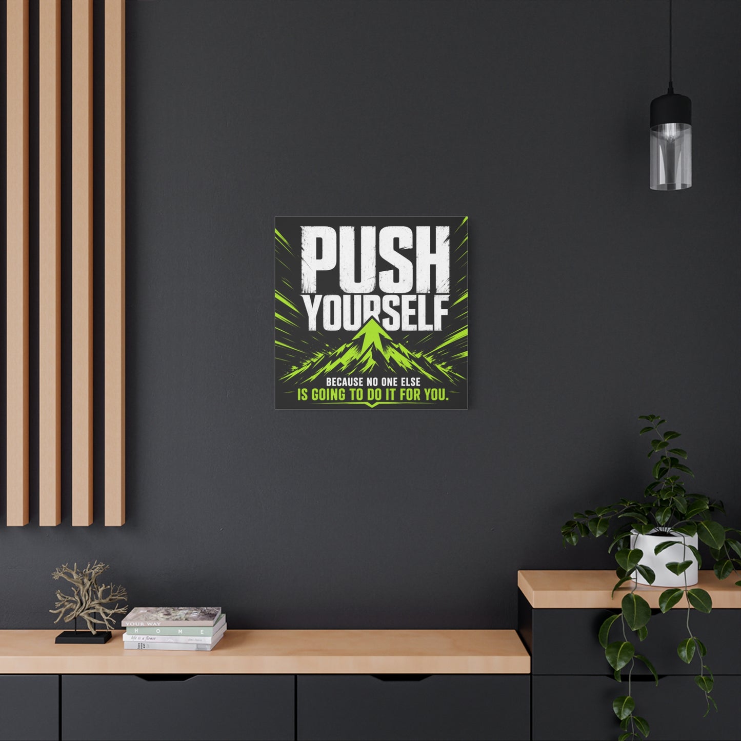 "Push Yourself Because No One Else Is Going To Do It For You" Motivational Canvas Wall Art - Bold Typography Quote Print, Modern Black Neon Green Design - Home Office Wall Decor, Teen Room