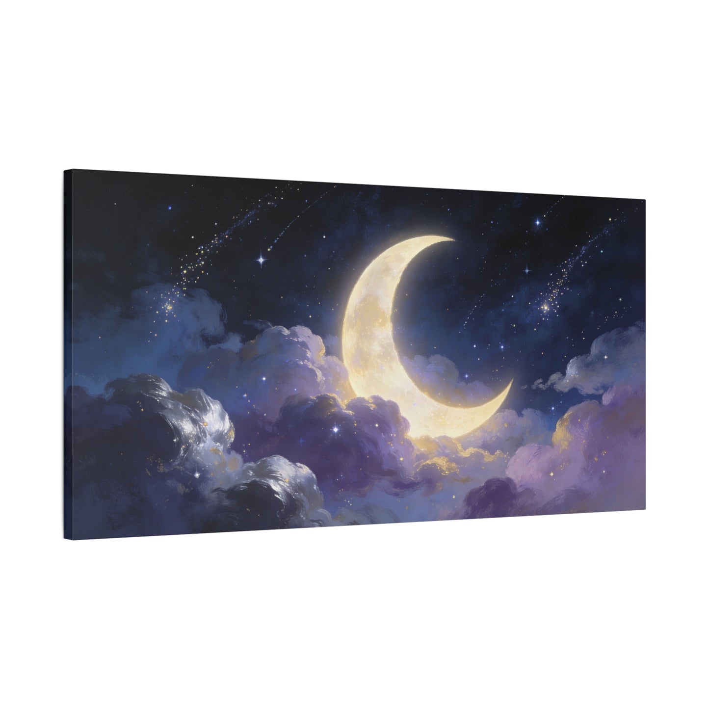 Crescent Moon Canvas Wall Art - Dreamy Night Sky Clouds, Celestial Starry Canvas Print - Contemporary Blue Gold Fantasy Decor - Bedroom Wall Decor, Living Room Home Accent - Bedroom Home Decoration