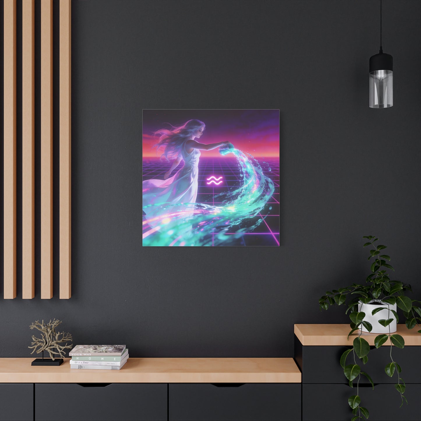 Aquarius Woman Canvas Wall Art - Neon Water Bearer Zodiac Illustration, Retro Synthwave Aesthetic - Matte Canvas Print - Bedroom Wall Decor, Home Office Accent, Mystical Decor - Modern Farmhouse Style