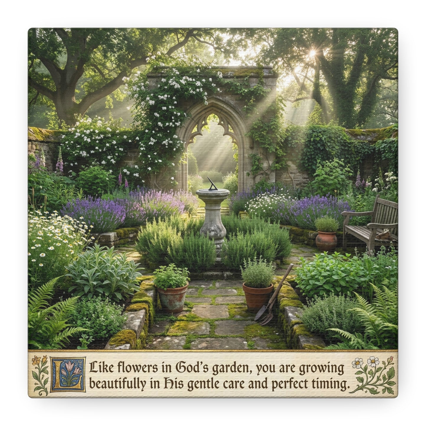 "Like Flowers In God's Garden, You Are Growing Beautifully In His Gentle Care And Divine Timing" Canvas Wall Art - Sunlit Garden Arch, Botanical Landscape Print - Living Room Decor - Office Wall Art