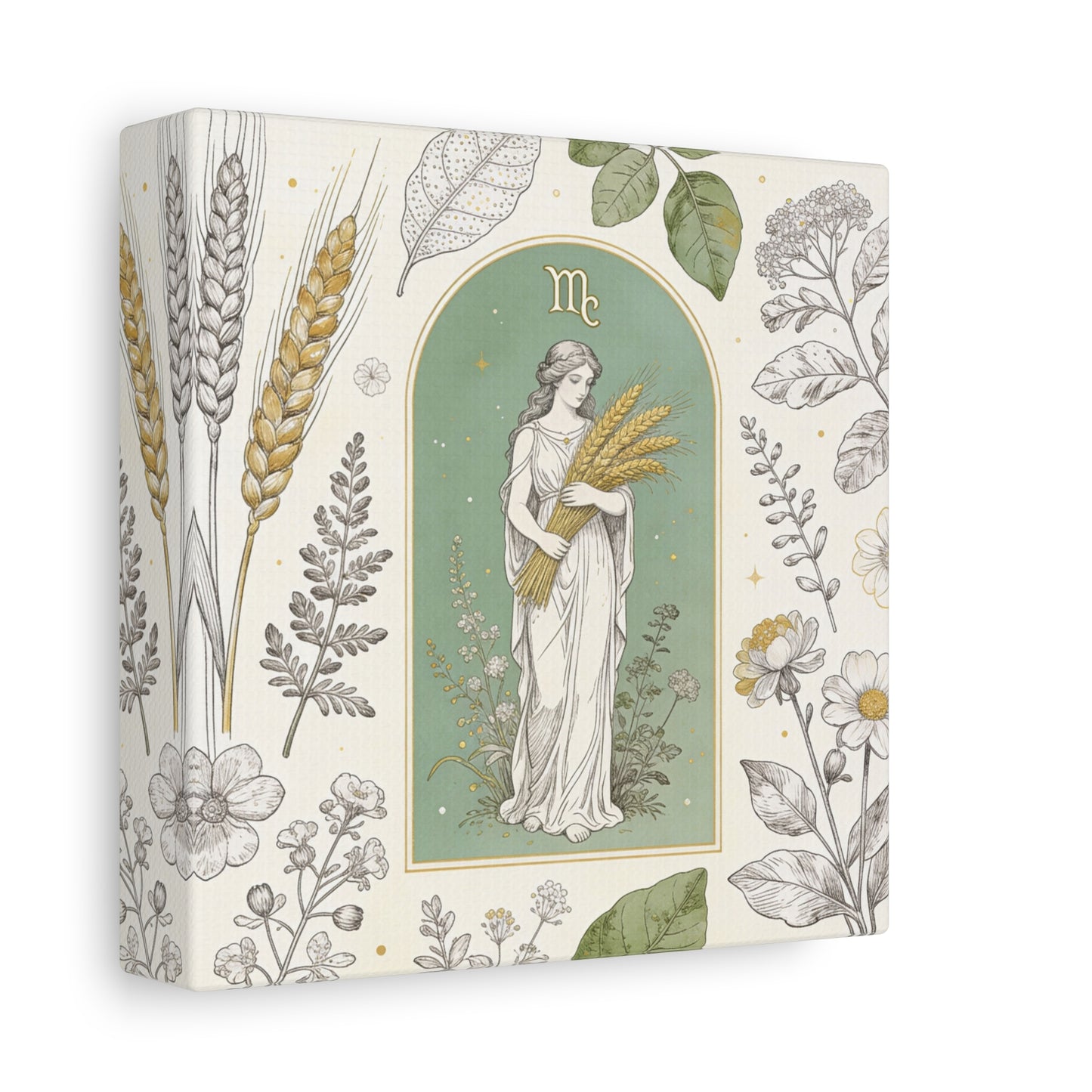 Virgo Zodiac Canvas Wall Art - Botanical Maiden Holding Wheat, Celestial Illustration - Sage Green Gold Cotton Print - Vintage Astrology Decor, Bedroom Wall Hanging Accent - Bedroom Home Decoration
