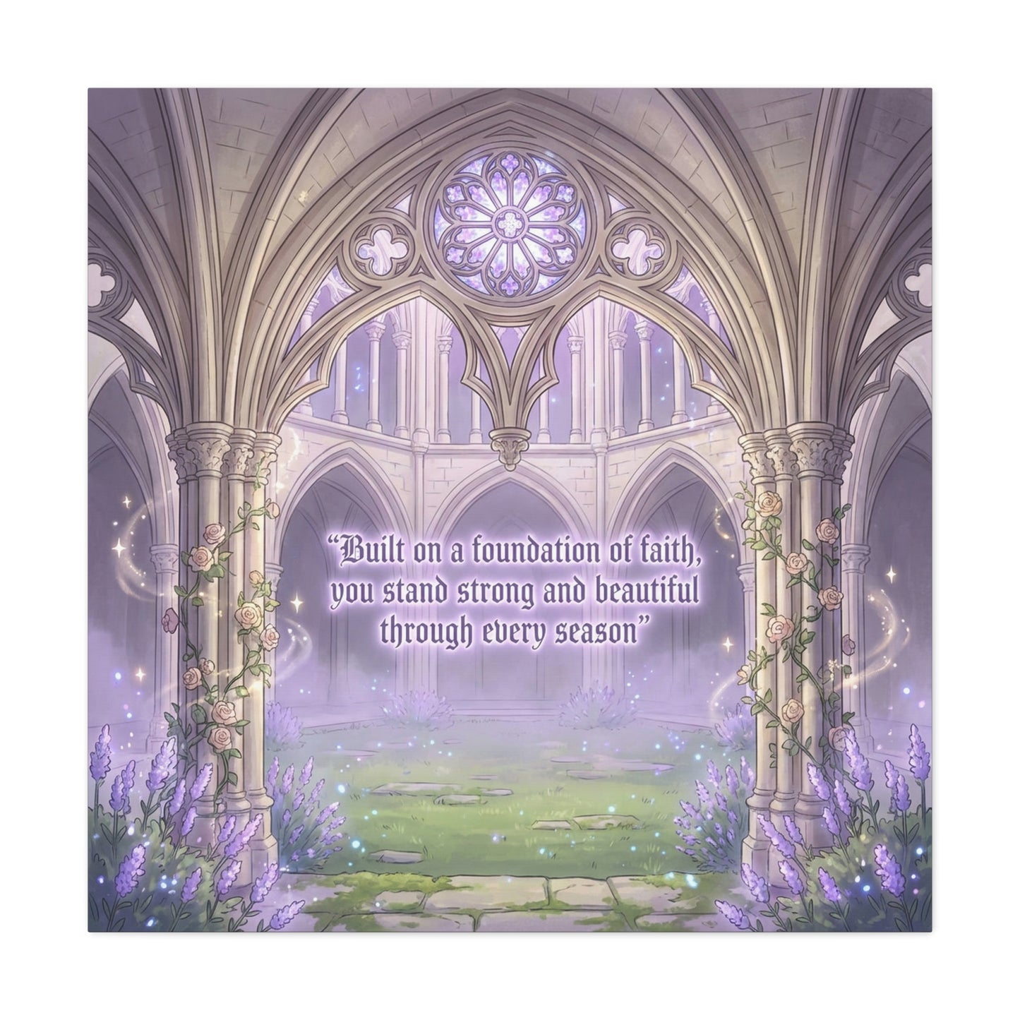 "Built On A Foundation Of Faith, You Stand Strong And Beautiful Through Every Season" Canvas Wall Art - Gothic Cathedral Arch Quote Print - Lavender Floral Decor For Bedroom Living Room