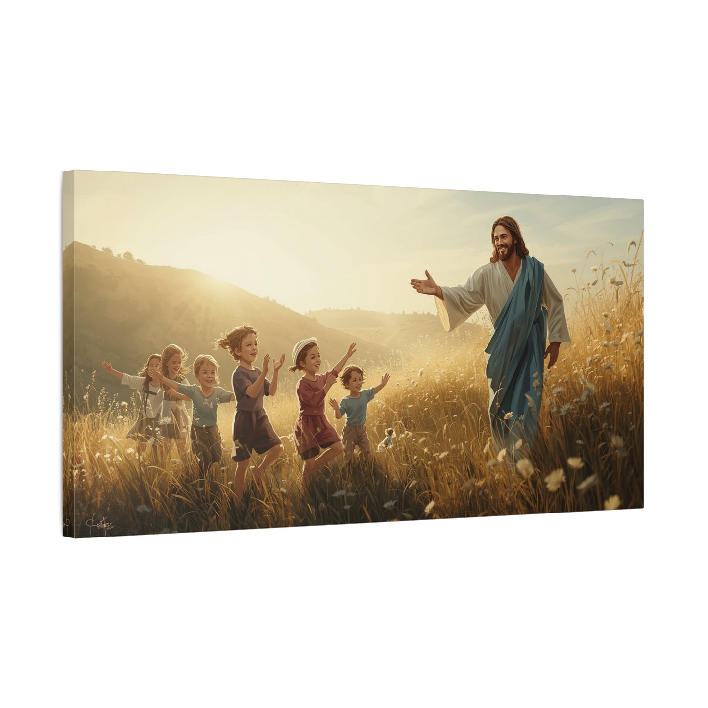 Jesus Christ With Children Canvas Wall Art - Golden Meadow Christian Print - Matte Cotton Ready to Hang - Traditional Religious Decor for Living Room, Bedroom, Nursery, Office - Living Room Wall Decor