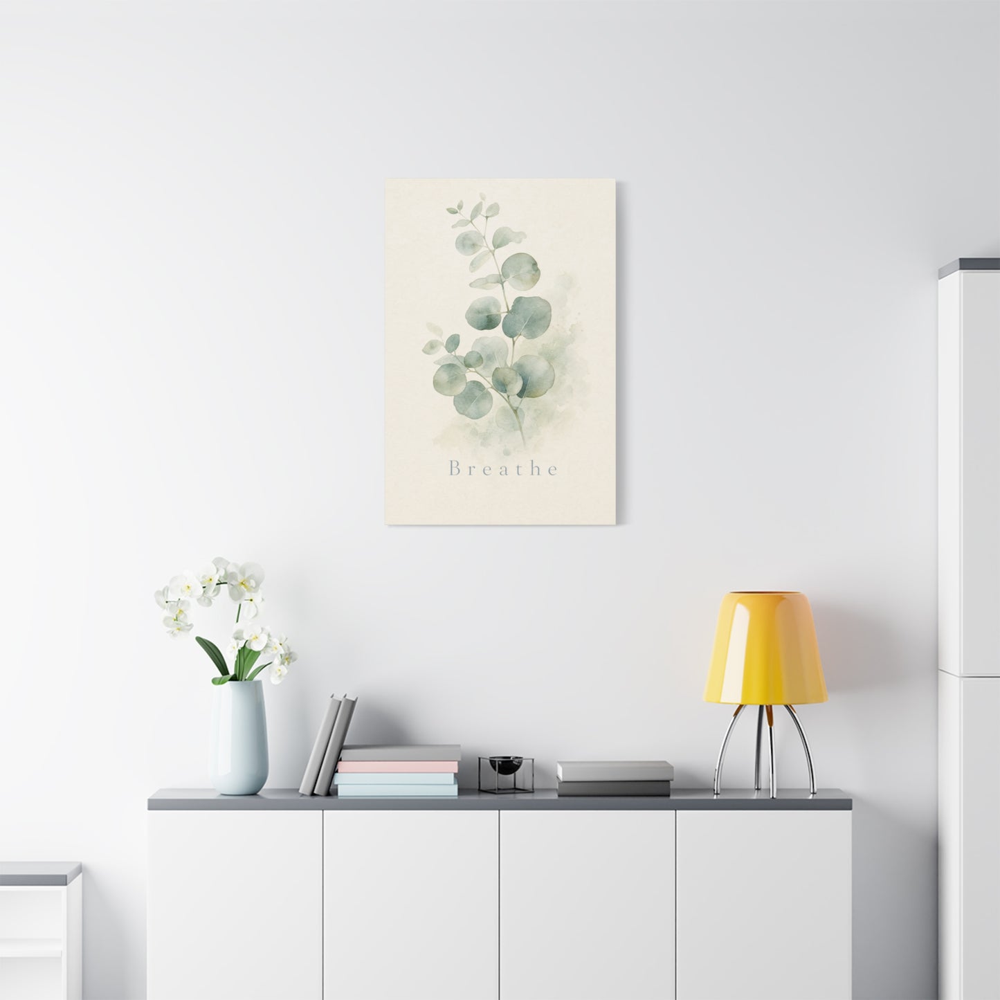 "Breathe" Eucalyptus Canvas Wall Art - Minimalist Botanical Sage Green Wall Decor - Watercolor Leaf Home Decoration - Bedroom Bathroom Spa Style - Calm Nature Print For Living Room - Ready to Hang