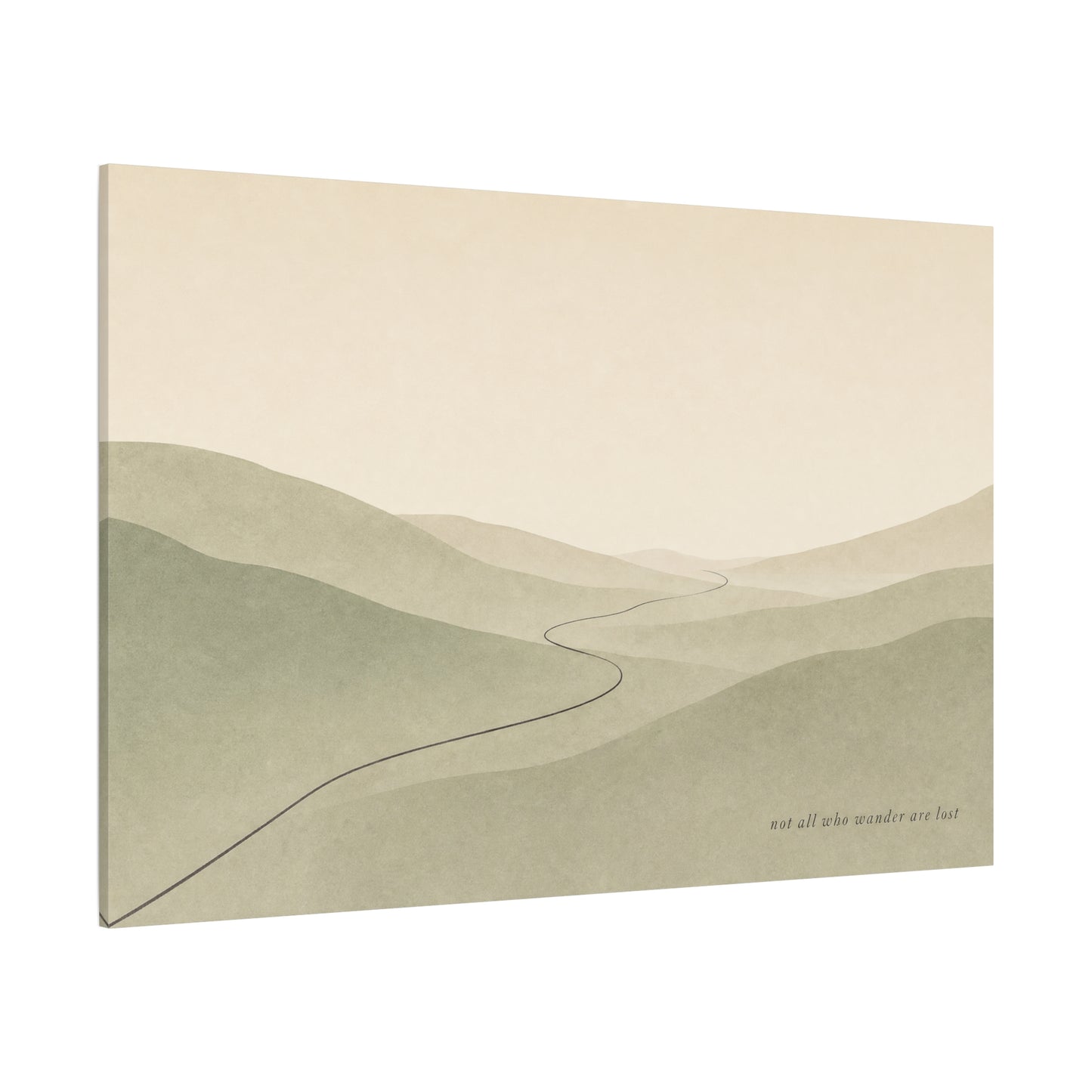 "Not All Who Wander Are Lost" Minimalist Landscape Canvas Wall Art - Misty Hills, Winding Path, Neutral Sage Beige Tones - Modern Wall Decor For Bedroom, Living Room, Home Office - Ready to Hang