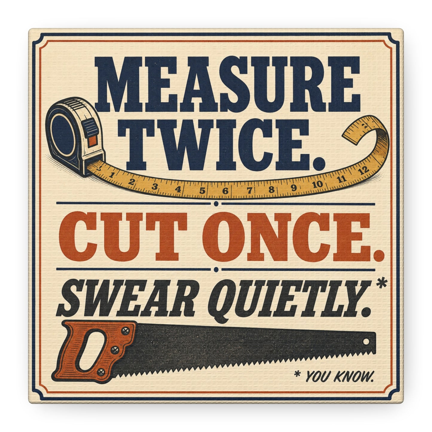 "Measure Twice. Cut Once. Swear Quietly. You Know." Funny Workshop Canvas Wall Art - Vintage Carpenter Quote Print, Rustic Garage Decor, Woodshop Wall Hanging - Bedroom Home Decoration - Ready to Hang