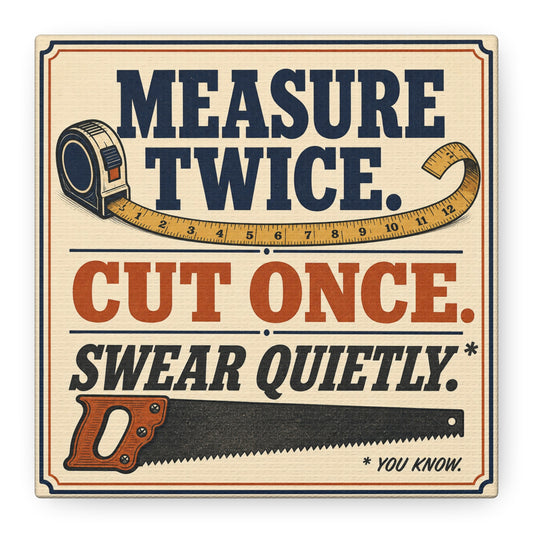 "Measure Twice. Cut Once. Swear Quietly. You Know." Funny Workshop Canvas Wall Art - Vintage Carpenter Quote Print, Rustic Garage Decor, Woodshop Wall Hanging - Bedroom Home Decoration - Ready to Hang