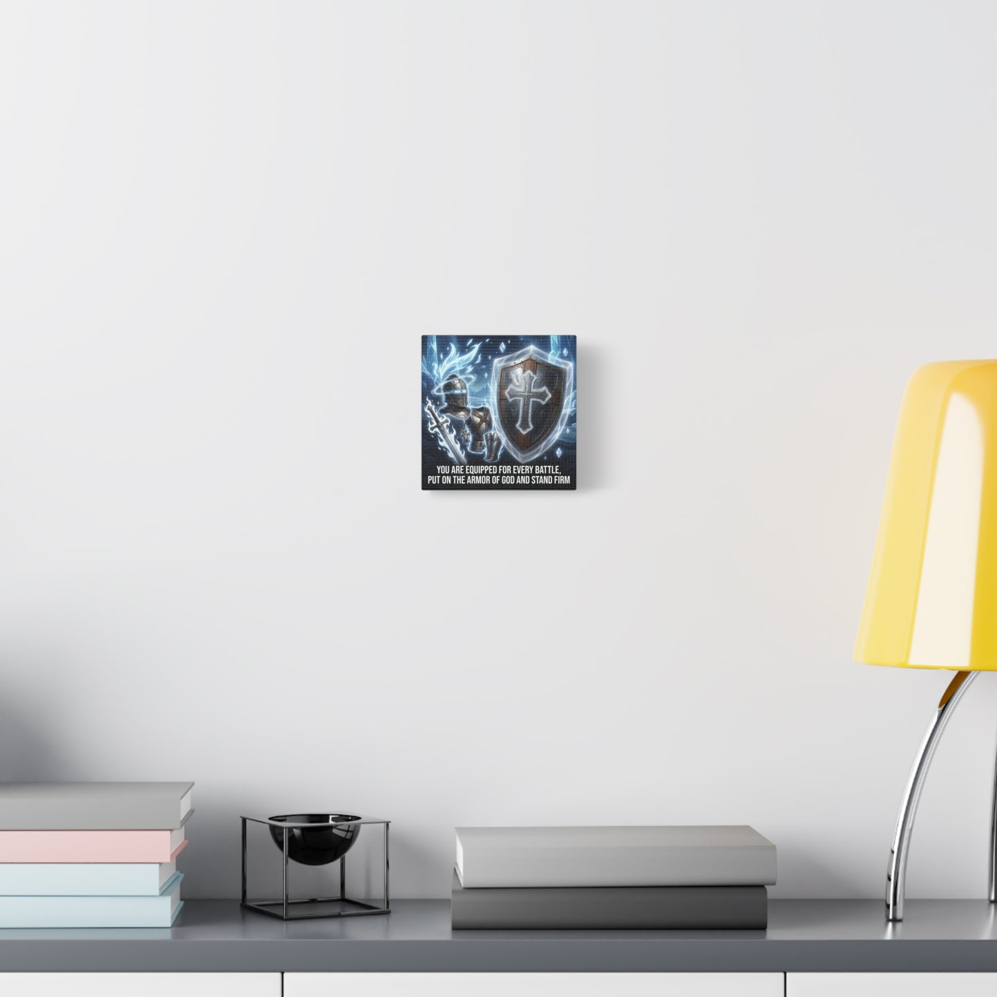 "You Are Equipped For Every Battle, Put On The Armor Of God And Stand Firm" Christian Canvas Wall Art - Knight Armor, Cross Shield, Scripture Decor - Blue Fantasy Style - Living Room - Office Wall Art