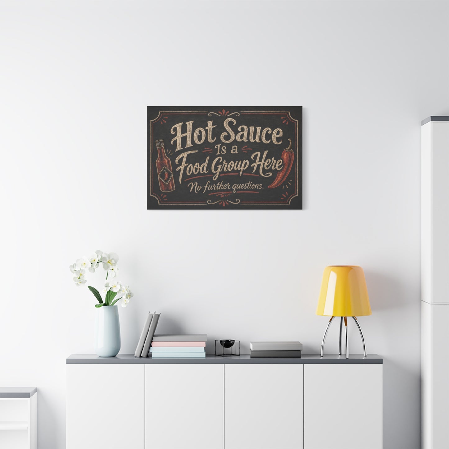 "Hot Sauce Is a Food Group Here No further questions." Canvas Wall Art - Chalkboard Kitchen Quote - Vintage Rustic Typography - Dining Room Wall Decor - Modern Farmhouse Style - Modern Farmhouse Style