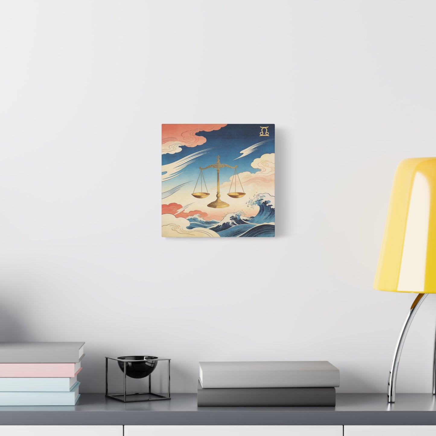 Libra Zodiac Canvas Wall Decor - Vintage Japanese Wave Scales Illustration - Celestial Astrology Print, Gold Balance Symbol, Traditional Style, Bedroom Home Decoration - Living Room Wall Decor