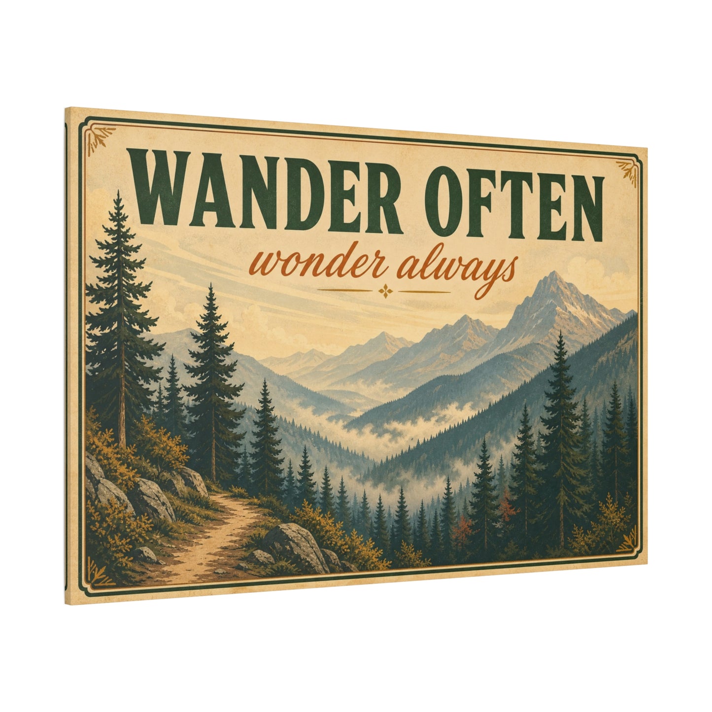 "Wander Often Wonder Always" Mountain Canvas Wall Art - Vintage Forest Landscape Quote Decor, Rustic Matte Print, Cabin Style Living Room Wall Decor, Bedroom Home Decoration - Bedroom Home Decoration
