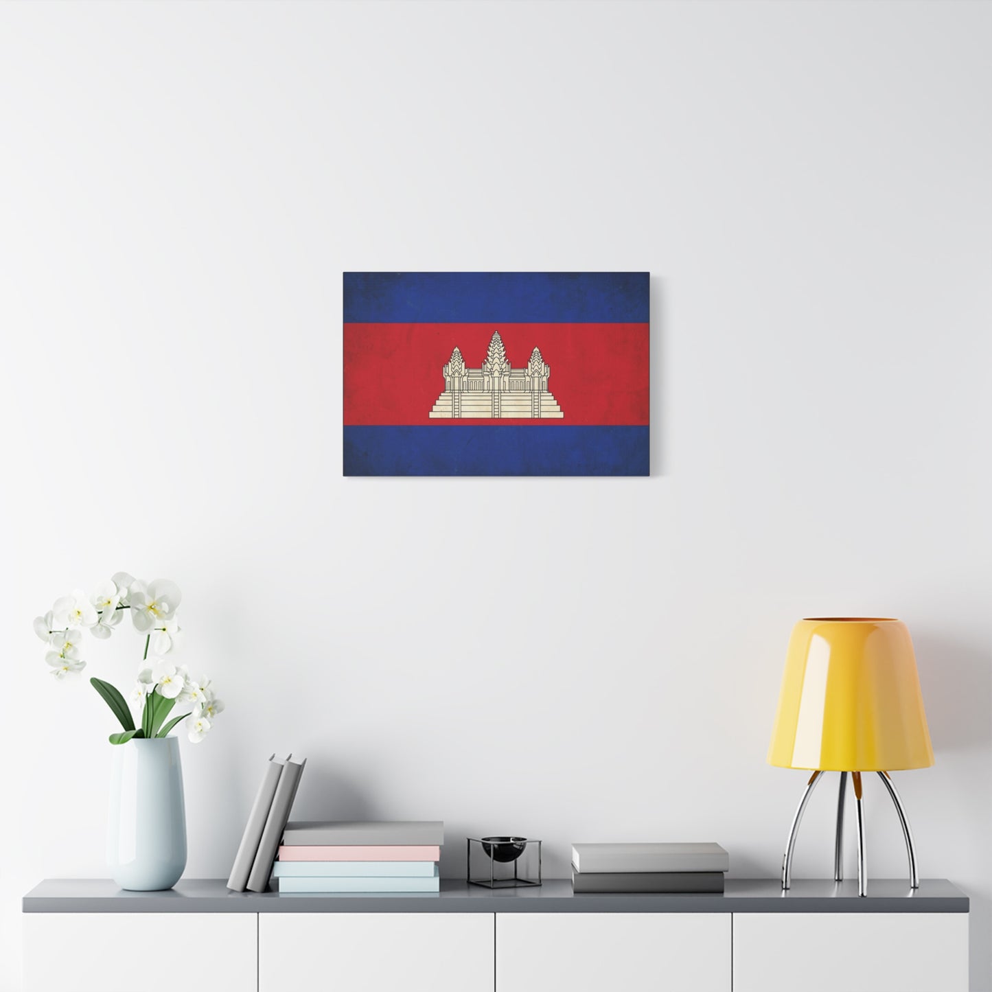 Cambodia Flag Canvas Wall Art - Khmer Temple Emblem Patriotic Print, Vintage National Decor - Textured Red Blue Banner Style - Living Room Wall Decor - Bedroom Home Decoration - Modern Farmhouse Style