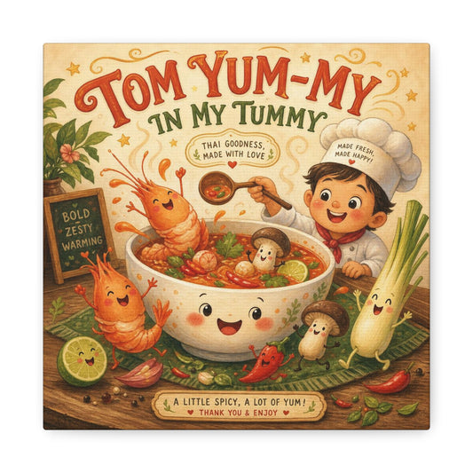 "Tom Yum-My In My Tummy" Canvas Wall Art - Cute Thai Soup Chef Illustration, Whimsical Kitchen Decor - Matte Cotton Canvas Print - Vintage Style Dining Room Wall Decor - Bedroom Home Decoration