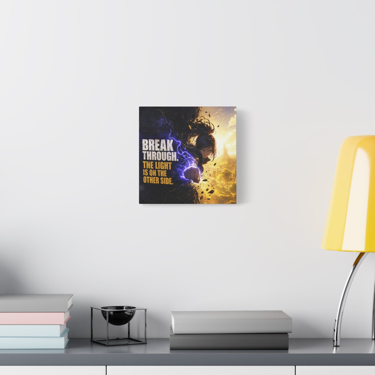 "Break Through. The Light Is On The Other Side." Anime Canvas Wall Art - Motivational Fantasy Girl Poster Print, Dramatic Gold Lightning, Contemporary Bedroom Decor, Teen Room Accent - Office Wall Art