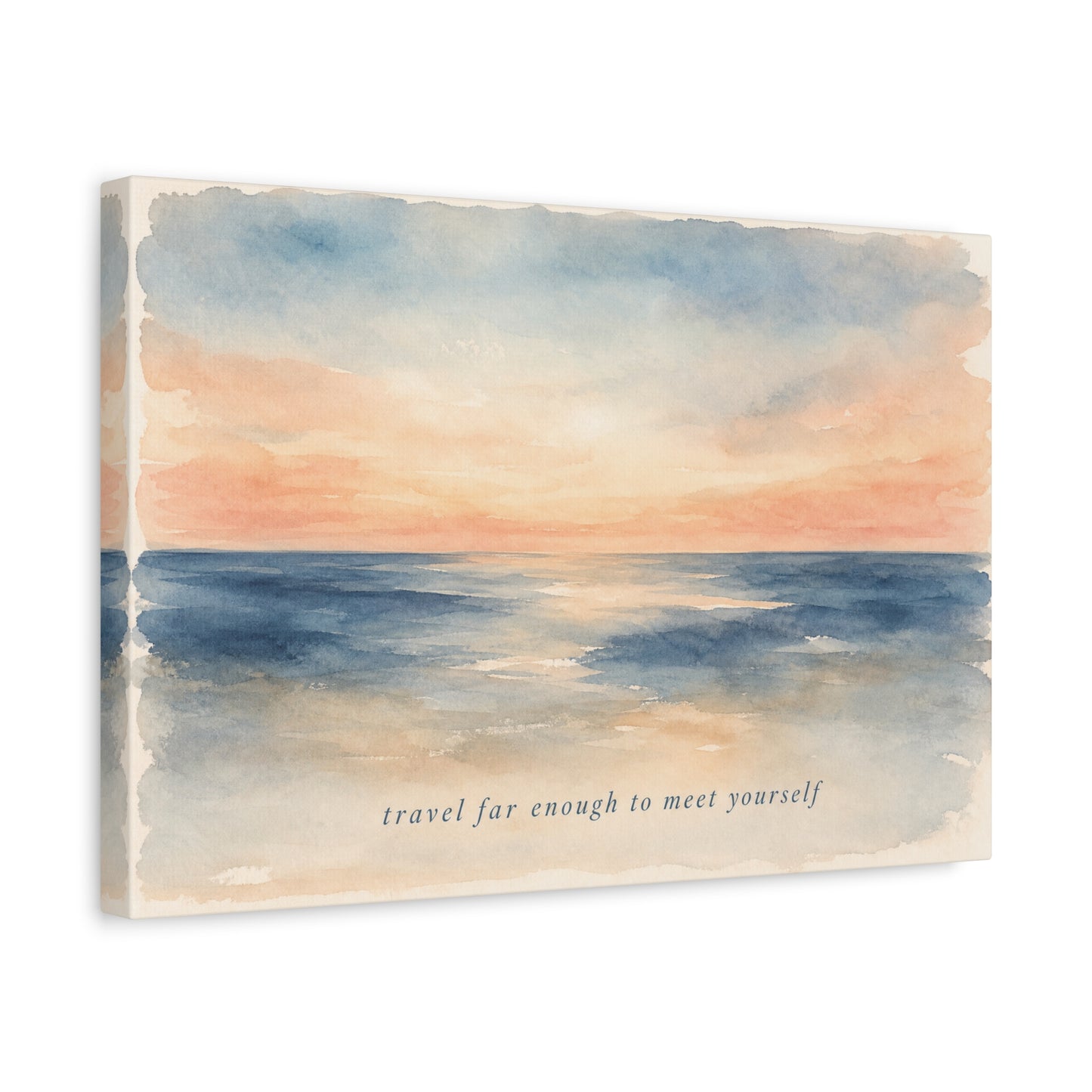 "Travel Far Enough To Meet Yourself" Coastal Canvas Wall Art - Watercolor Ocean Sunset Quote Print - Serene Beach Seascape Decor - Bedroom Living Room Wall Decor - Bedroom Home Decoration