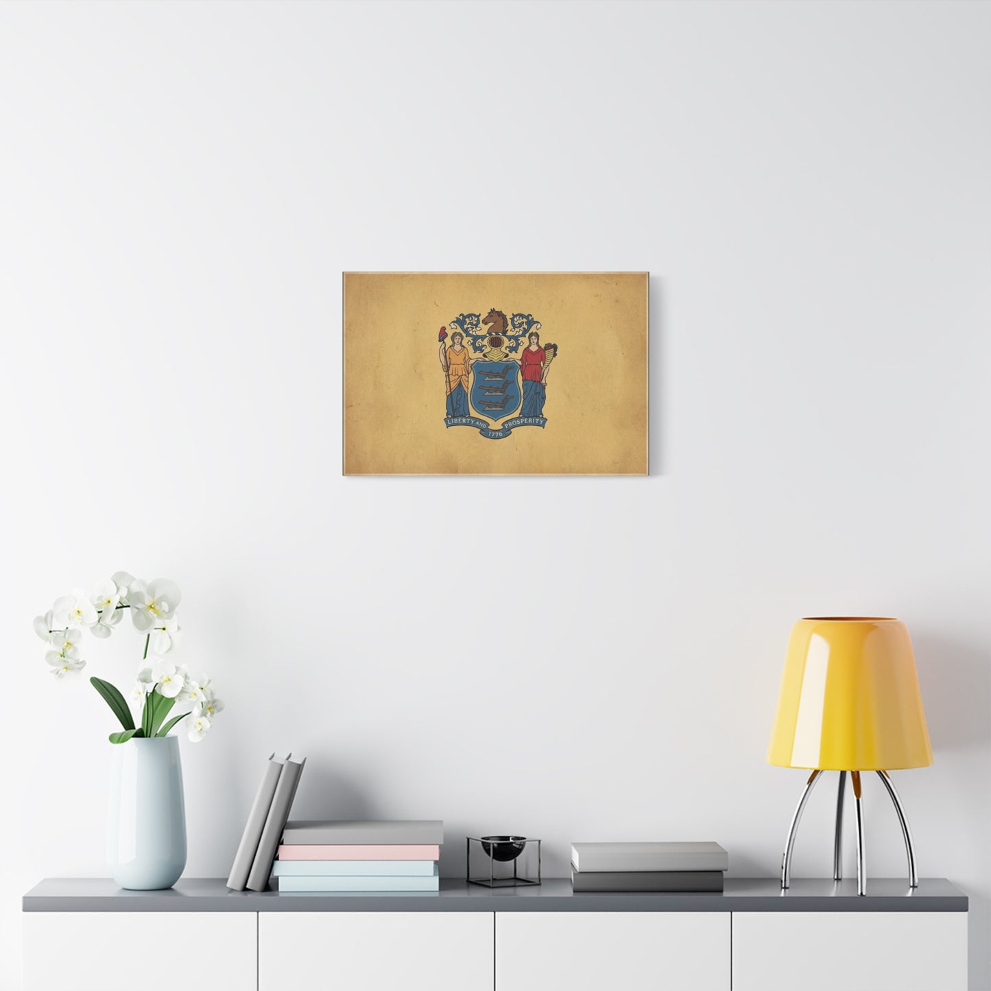 "Liberty And Prosperity 1776" New Jersey State Flag Canvas Wall Art - Vintage Tan Crest Banner Print, Patriotic Heritage Decor - Office Wall Art