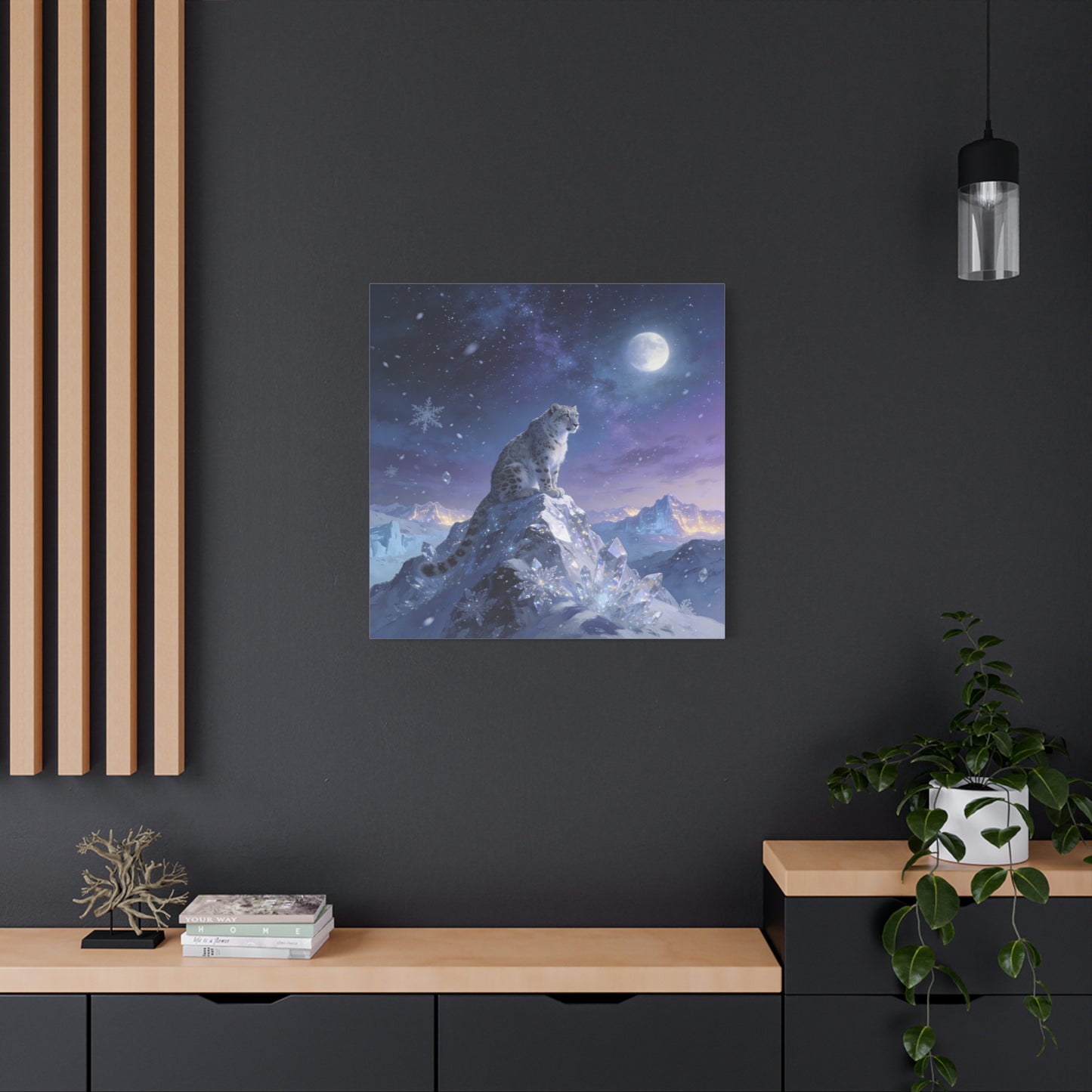 Snow Leopard Canvas Wall Art - Moonlit Arctic Crystal Landscape, Fantasy Wildlife Print - Matte Cotton Canvas - Contemporary Winter Style - Living Room Wall Decor Bedroom Home Decoration