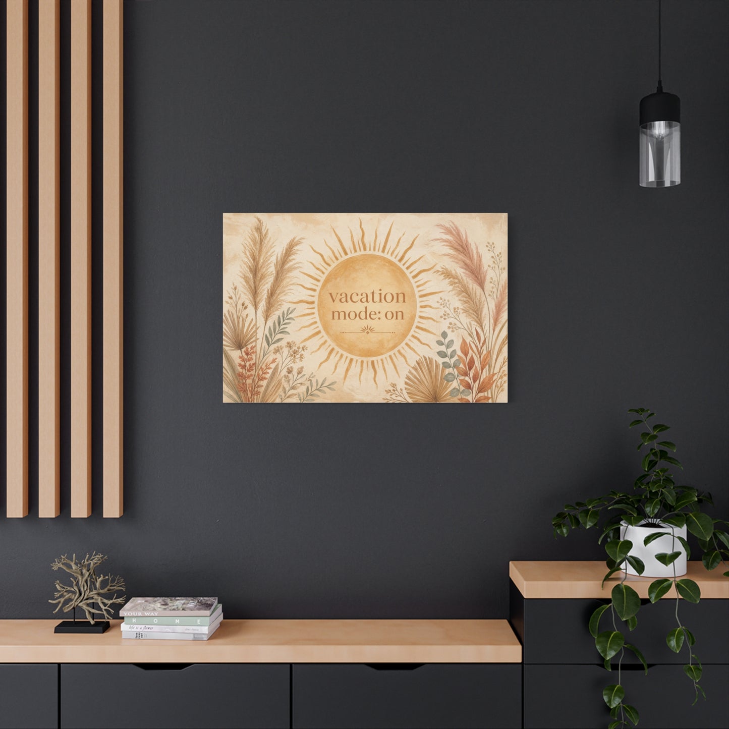 "Vacation Mode: On" Sun Quote Canvas Wall Art - Boho Botanical Typography Print, Neutral Pampas Grass Decor, Coastal Bedroom Wall Hanging, Living Room Home Decoration, Vacation Rental Accent
