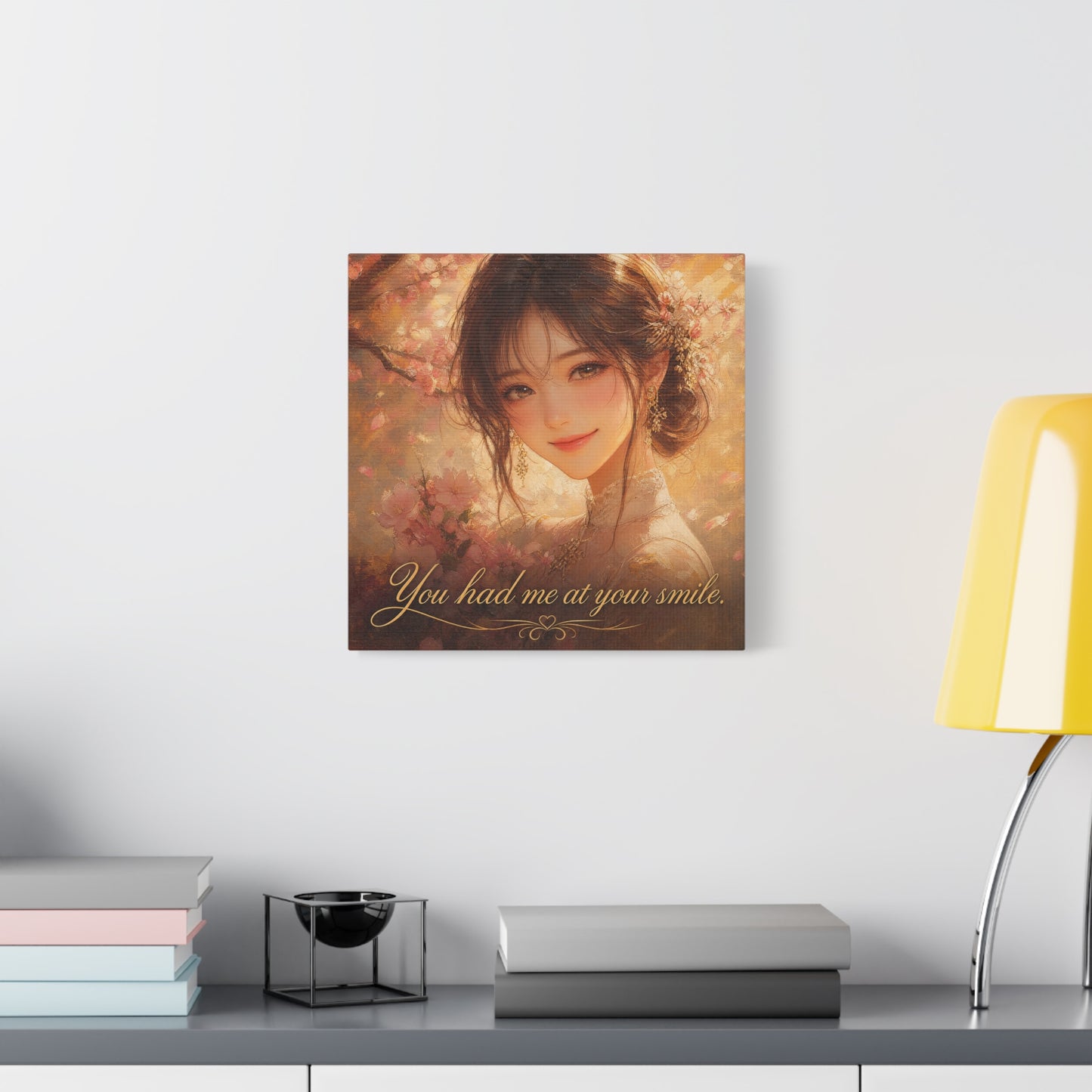 You Had Me At Your Smile Portrait Canvas Wall Art - Romantic Floral Woman Quote Print - Golden Blush Illustration - Traditional Style Living Room Decor - Ready to Hang - Living Room Wall Decor