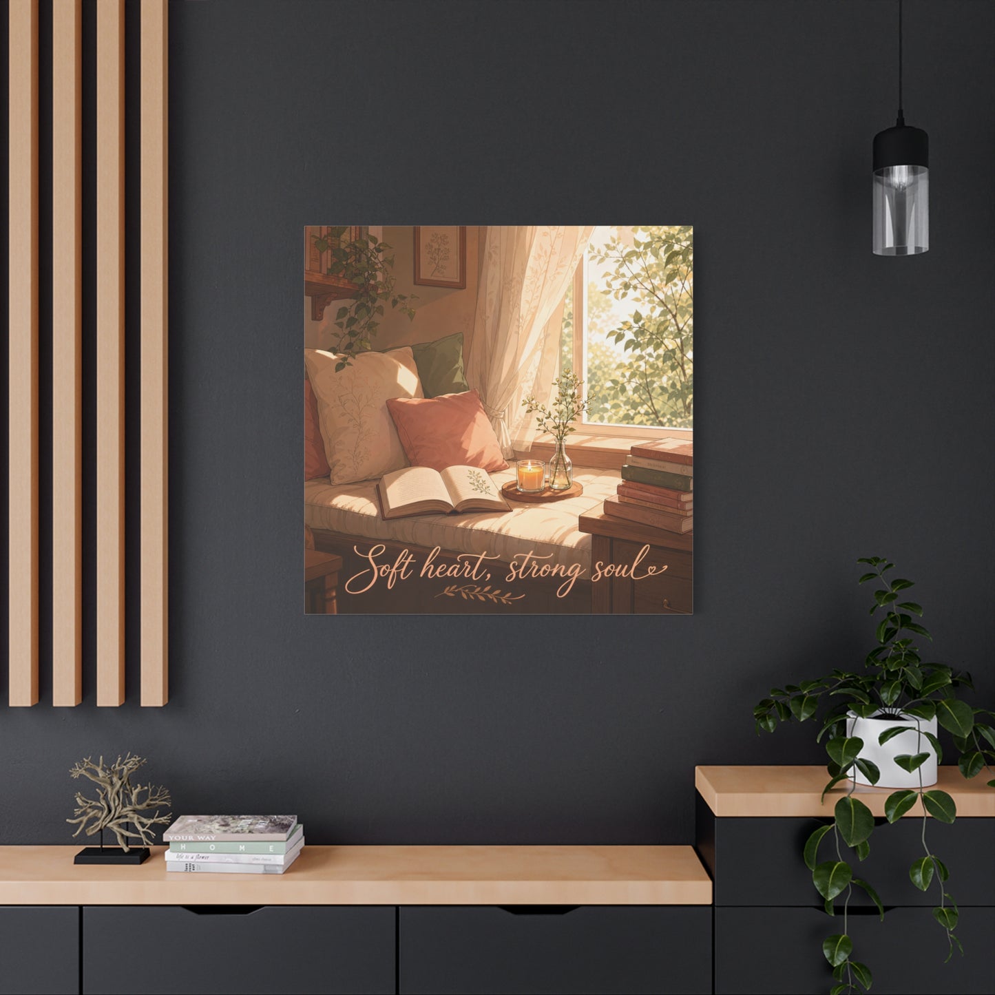 "Soft Heart, Strong Soul" Reading Nook Canvas Wall Art - Sunlit Window Seat, Books, Candle, Botanical Bedroom Decor - Cozy Cottagecore Style - Living Room Wall Decor - Bedroom Home Decoration
