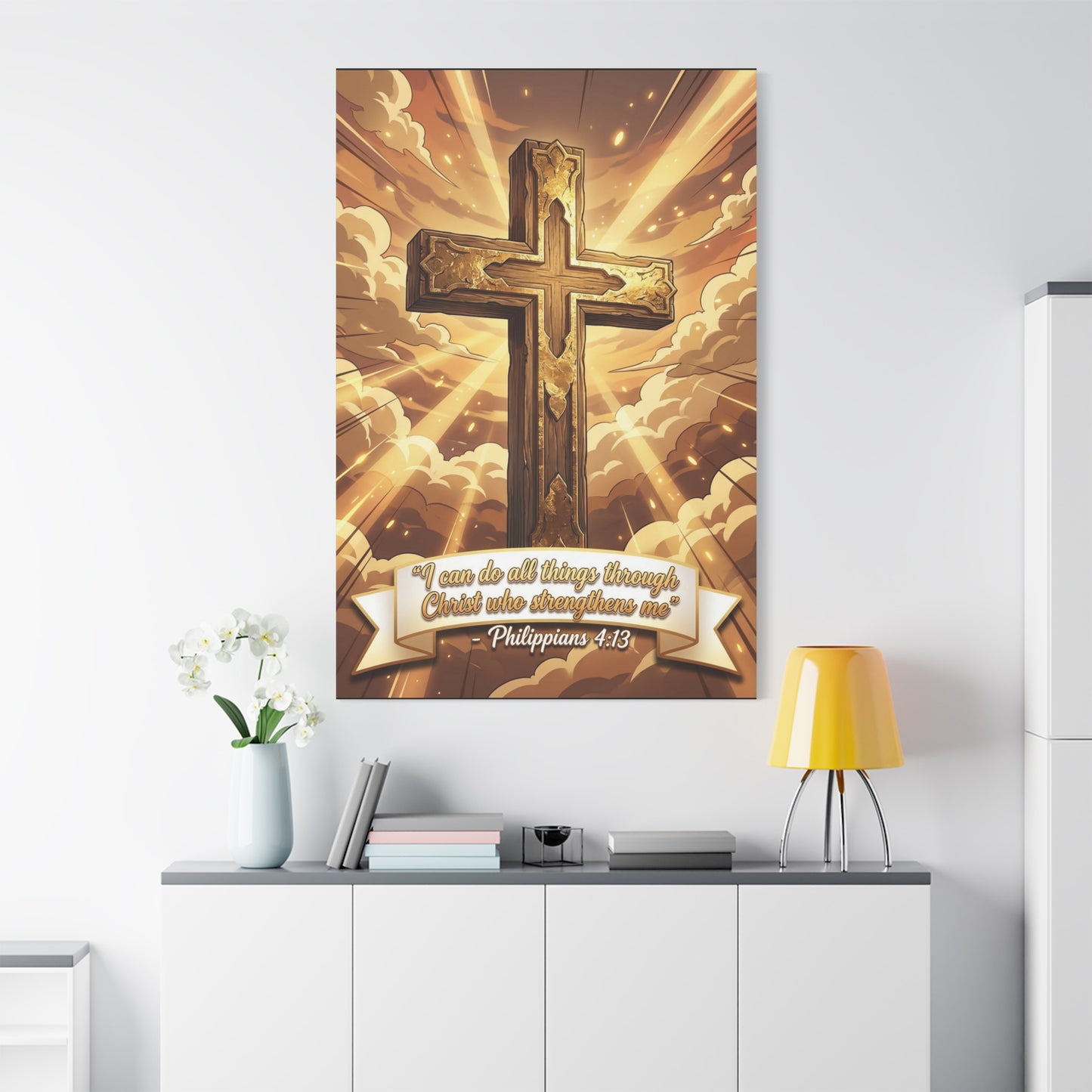 "I Can Do All Things Through Christ Who Strengthens Me" Cross Canvas Wall Art - Philippians 4:13 Scripture Decor, Golden Sky Christian Home Accent, Traditional Bedroom Living Room Decoration