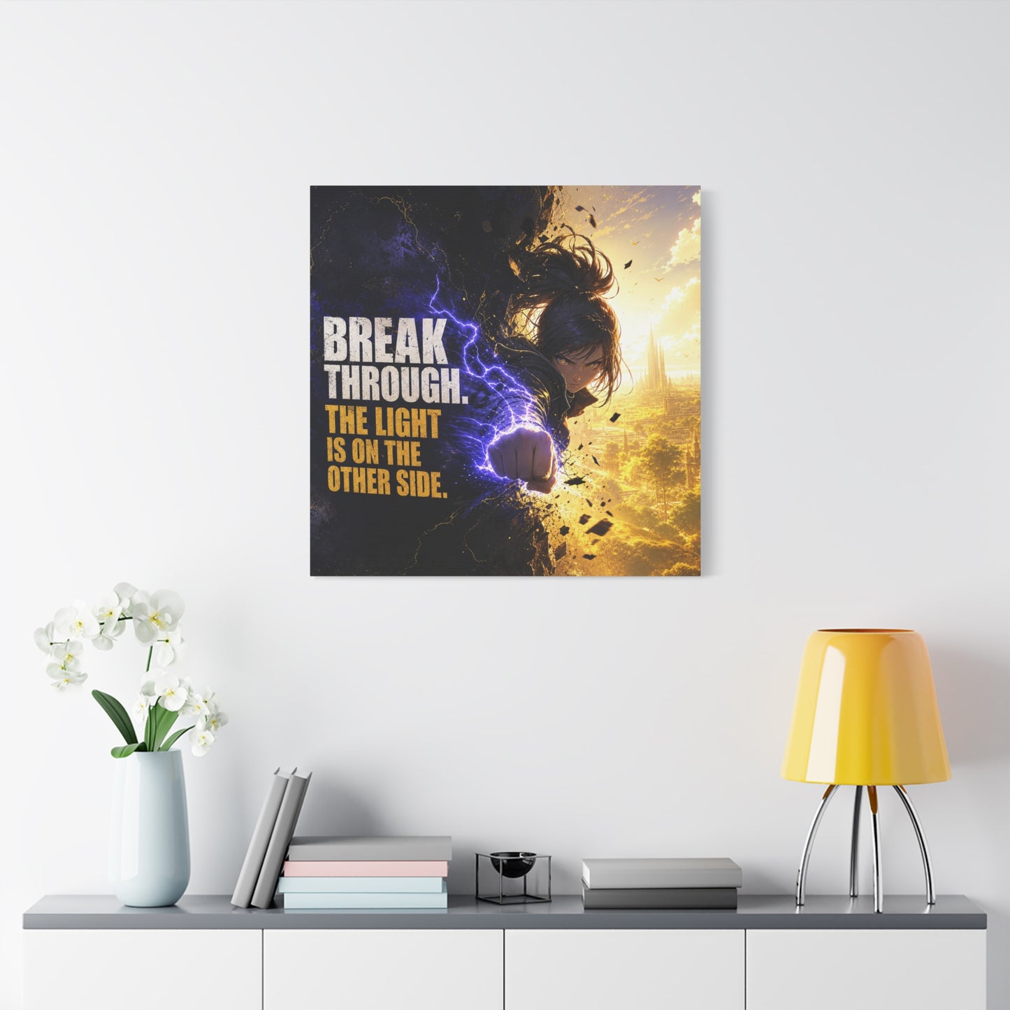 "Break Through. The Light Is On The Other Side." Anime Canvas Wall Art - Motivational Fantasy Girl Poster Print, Dramatic Gold Lightning, Contemporary Bedroom Decor, Teen Room Accent - Office Wall Art