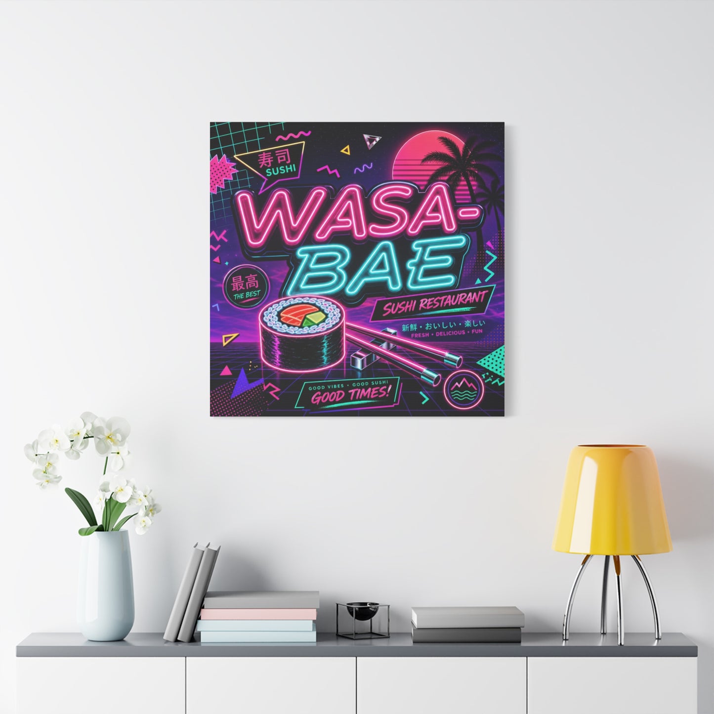 "WASA-BAE" Sushi Canvas Print - Neon Japanese Restaurant Sign, Retro Vaporwave Illustration - Matte Cotton Decor, Cafe Wall Accent, Dining Space Artwork, Lounge Interior Style - Office Wall Art
