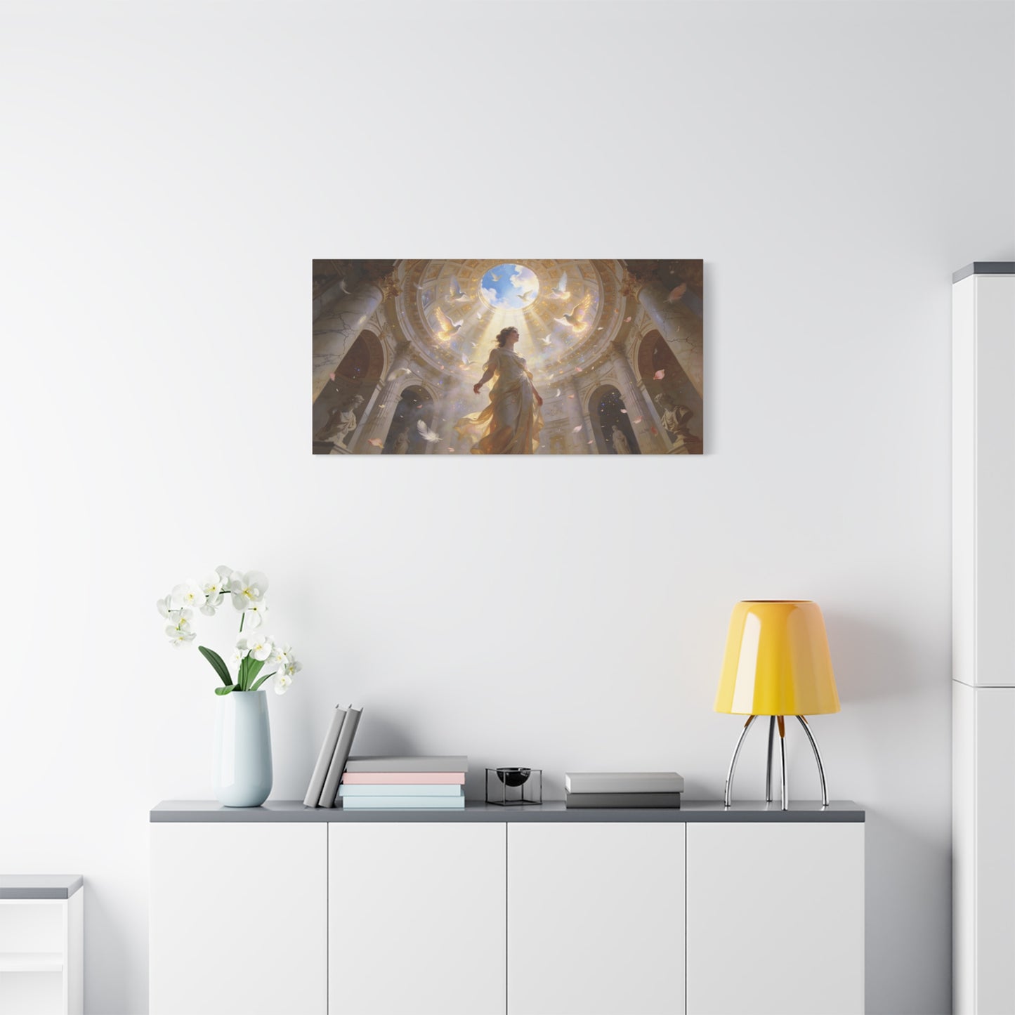 Virgin Mary Canvas Wall Art - Heavenly Doves, Cathedral Dome Light - Matte Cotton Art Print - Traditional Religious Style - Bedroom Wall Decor, Meditation Space Accent - Bedroom Home Decoration