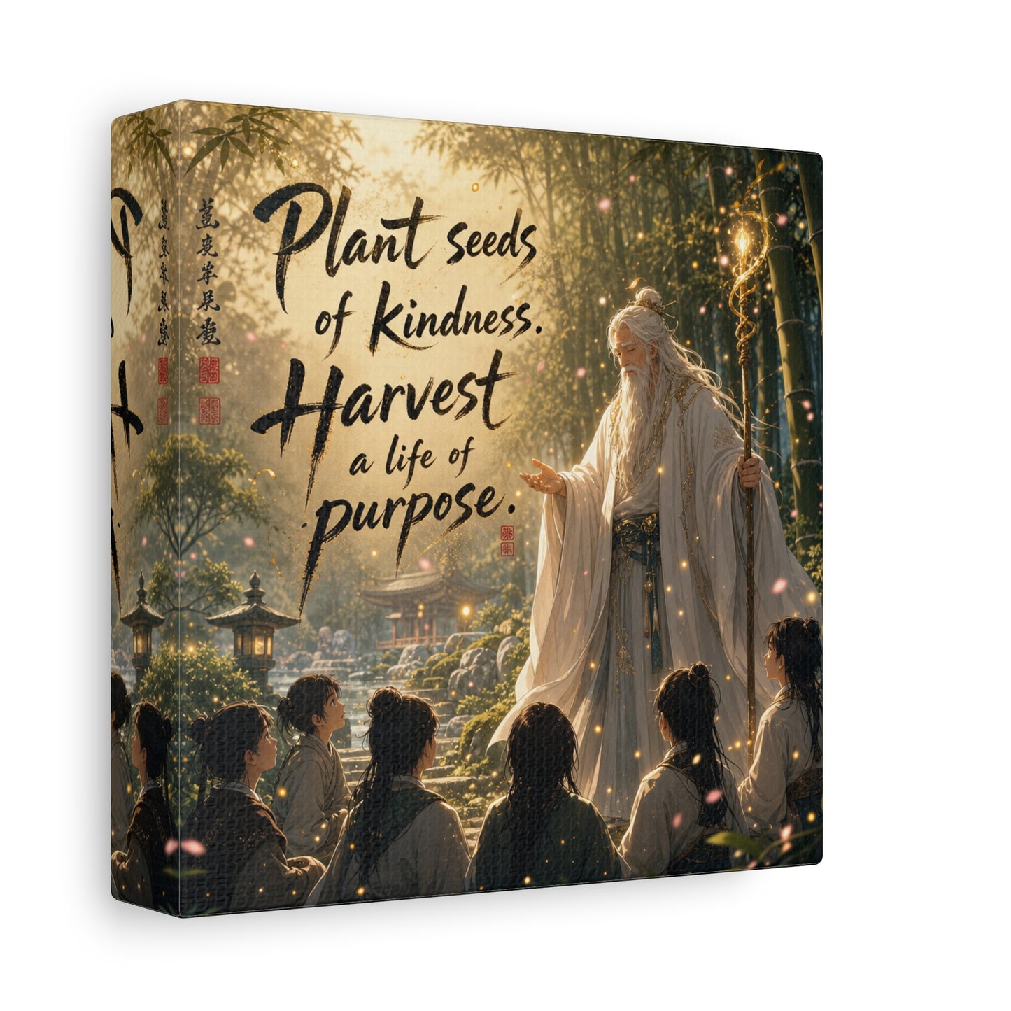 "Plant Seeds Of Kindness. Harvest A Life Of Purpose." Zen Canvas Wall Art - Wise Elder In Bamboo Garden, Inspirational Typography Print - Traditional Style, Bedroom Meditation Decor - Office Wall Art