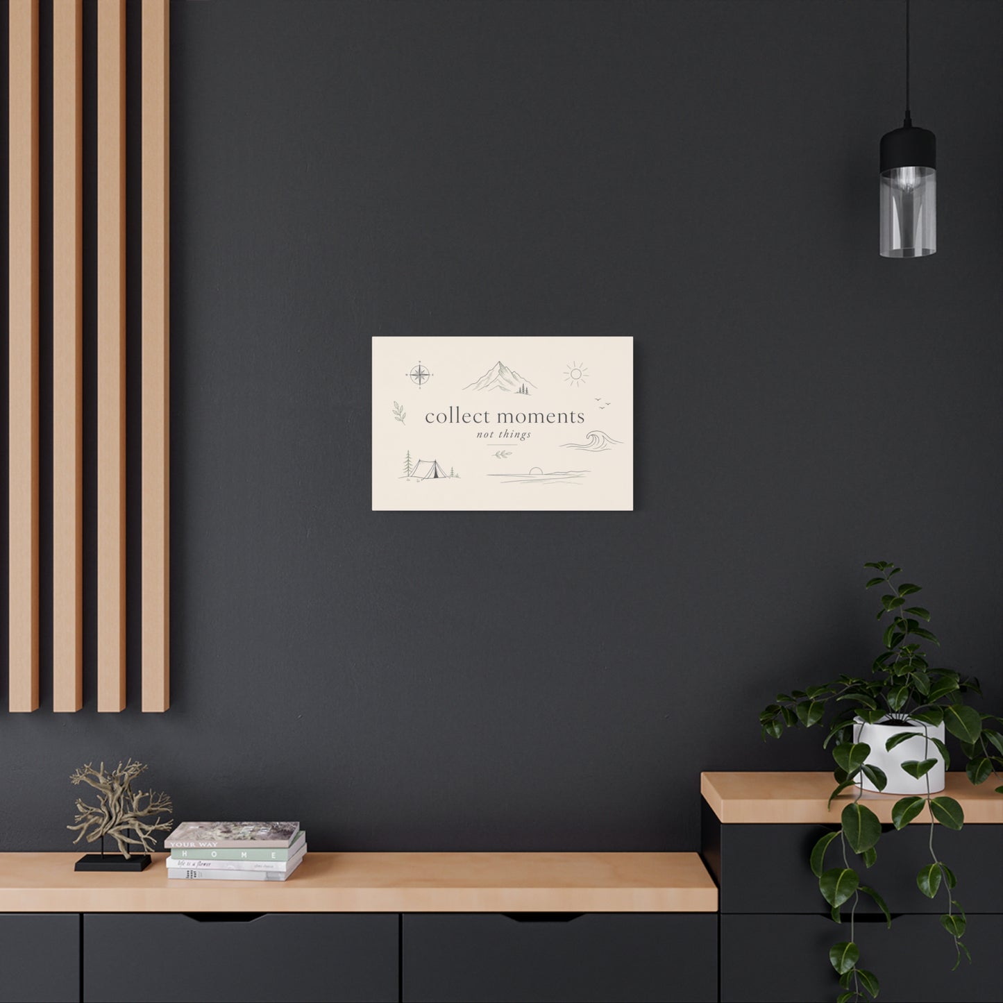"Collect Moments Not Things" Minimalist Canvas Wall Art - Mountain, Compass, Wave Line Drawing - Neutral Typography Print - Boho Modern Wall Decor For Living Room, Bedroom, Office Accent