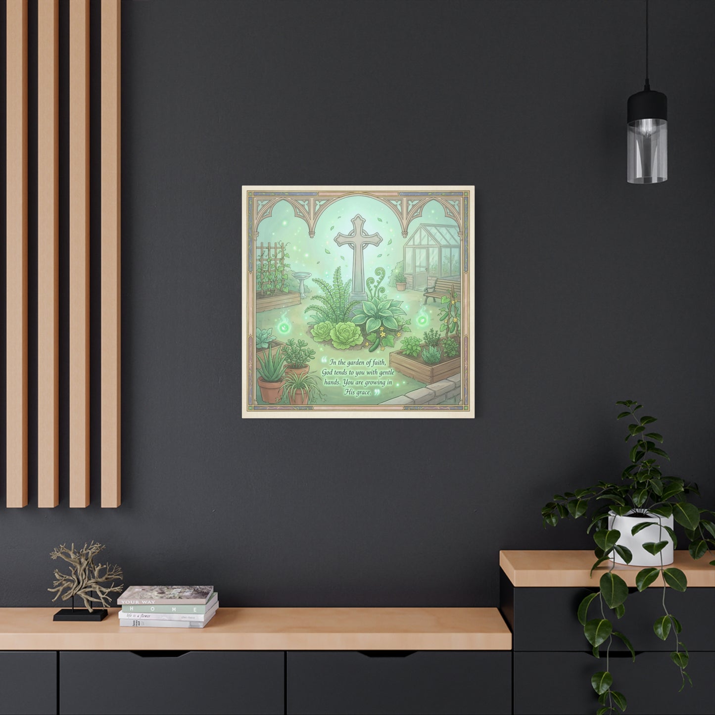 "In The Garden Of Faith" Christian Canvas Wall Art - Cross Garden Quote Print - Botanical Scripture Decor, Matte Cotton Canvas - Traditional Religious Wall Decor For Bedroom Office - Ready to Hang
