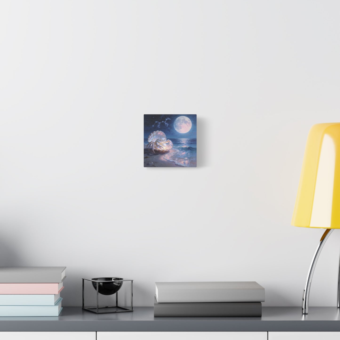 Moonlit Crab Canvas Wall Art - Zodiac Cancer Seascape, Pearl Shell Ocean Night Decor - Dreamy Coastal Illustration, capiz shells wall decor, Bedroom Home Decoration - Bedroom Home Decoration
