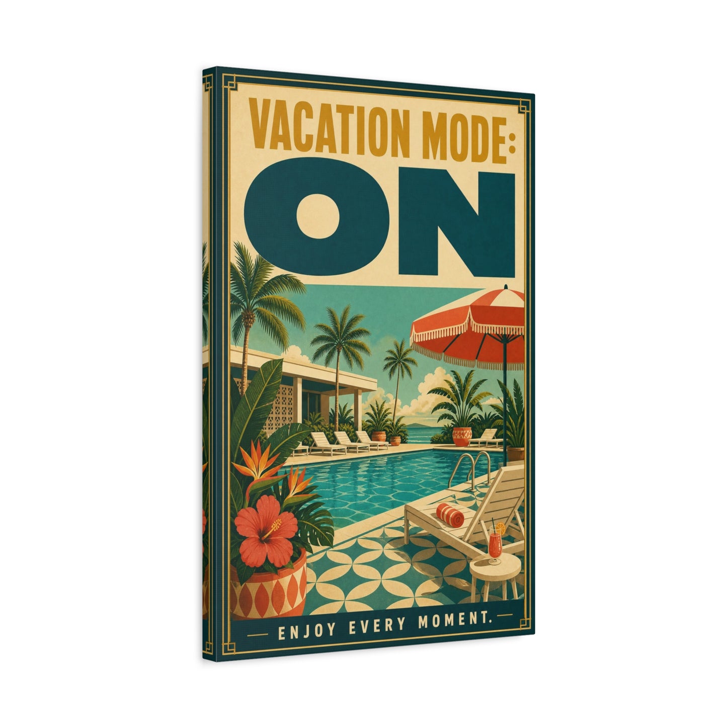 "Vacation Mode: On" Tropical Poolside Canvas Wall Art - Retro Resort Poster Print, Palm Tree Coastal Decor, Vintage Travel Style, Living Room Wall Decor, Vacation Rental Decoration - Ready to Hang