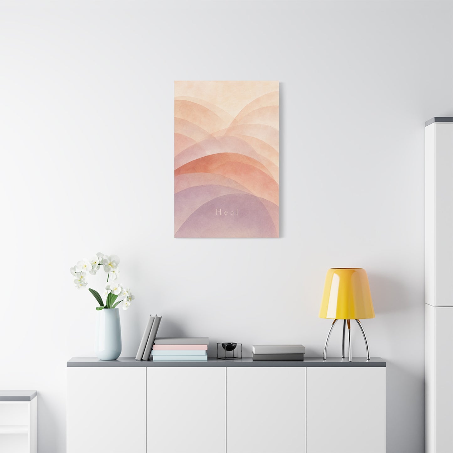 "Heal" Abstract Canvas Wall Art - Blush Peach Lavender Arches, Minimalist Typography Print - Contemporary Boho Decor, Bedroom Wall Hanging, Living Room Decoration, Meditation Space Accent