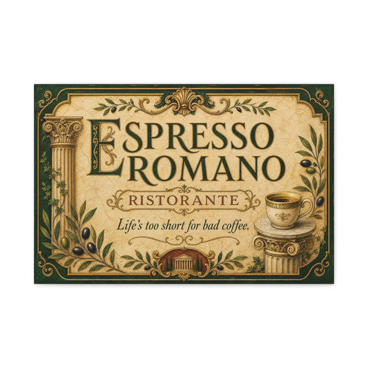 "Espresso Romano" Canvas Wall Art - "Life's Too Short For Bad Coffee." Vintage Italian Cafe Decor, Olive Branches, Roman Columns, Espresso Cup - Coffee Shop Decor - Cafe Wall Art - Ready to Hang