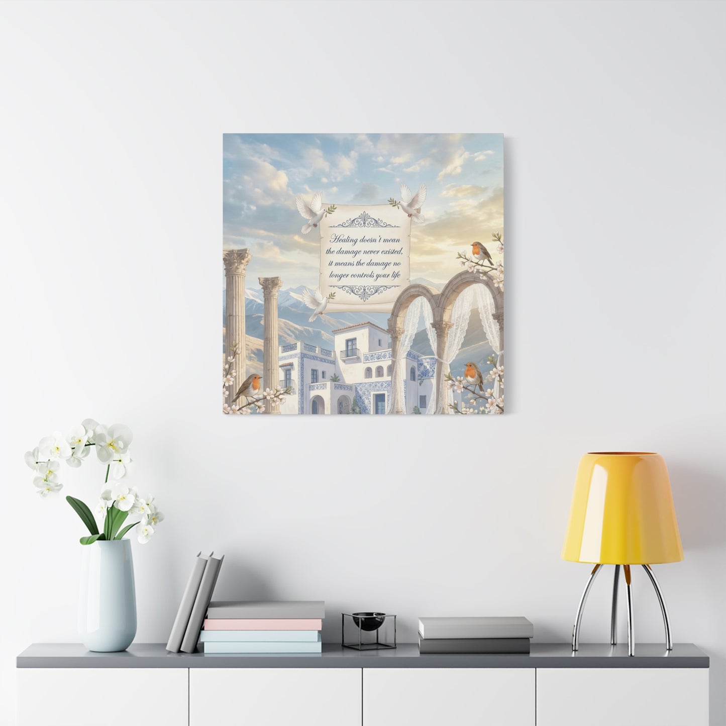 "The Damage No Longer Controls Your Life" Inspirational Canvas Wall Art - Doves, Robins, Classical Arches, Mountain Villa Quote Print - Matte Finish Canvas - Bedroom Home Decoration, Meditation Space