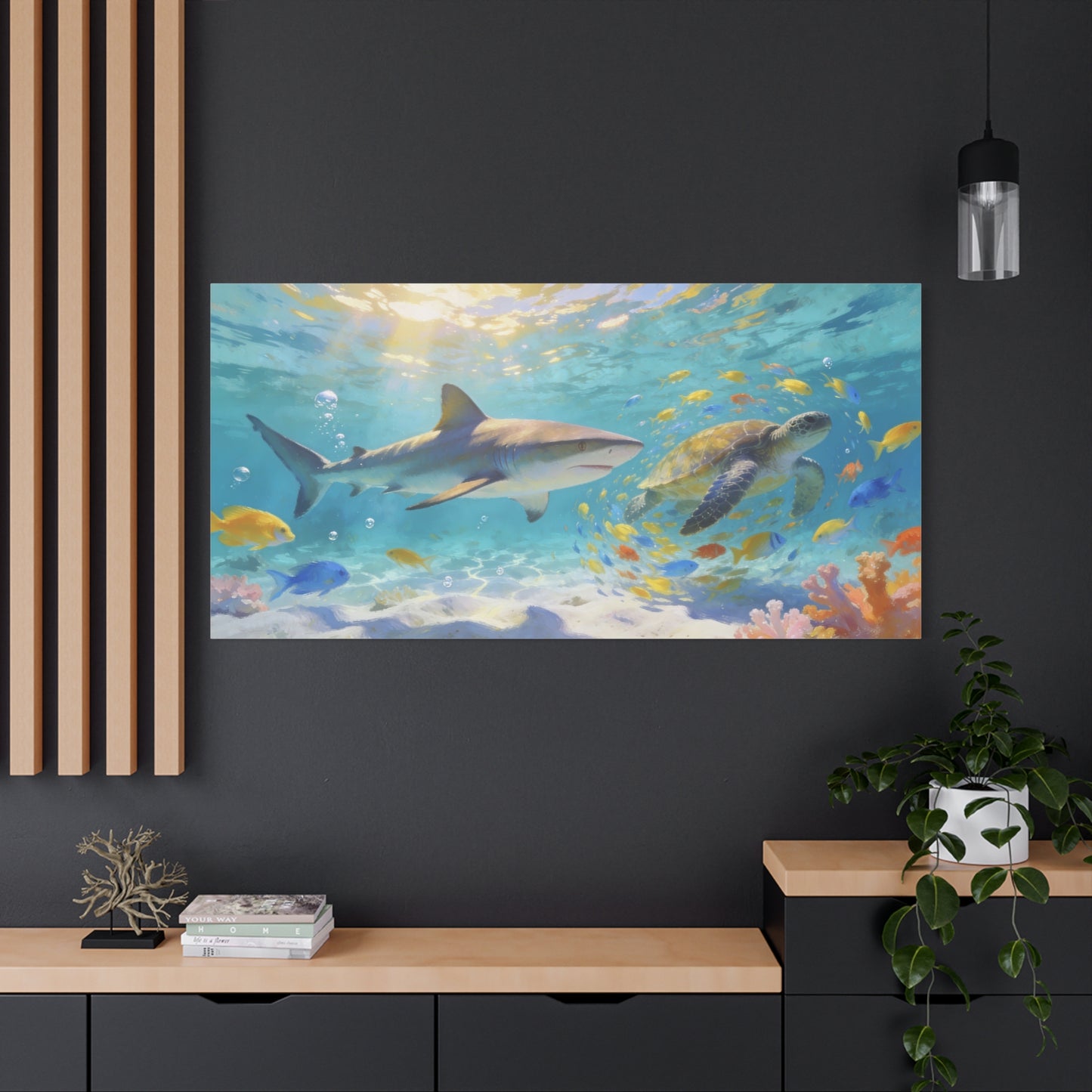 Shark Sea Turtle Canvas Wall Art - Tropical Underwater Ocean Scene, Colorful Fish Coral Reef - Matte Coastal Style - Living Room Wall Decor, Bedroom Home Decoration - Bedroom Home Decoration
